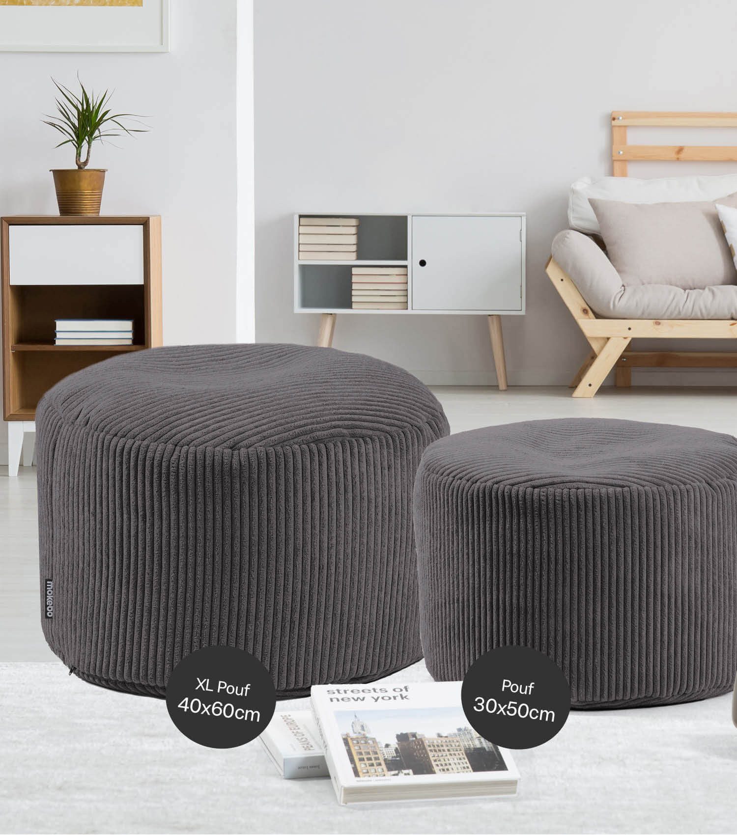 mokebo Pouf Der faule Lenz (rund und aus Cordstoff), Sitz-Hocker, Bodenkissen, Fußhocker, Hocker, Sitzkissen in Anthrazit