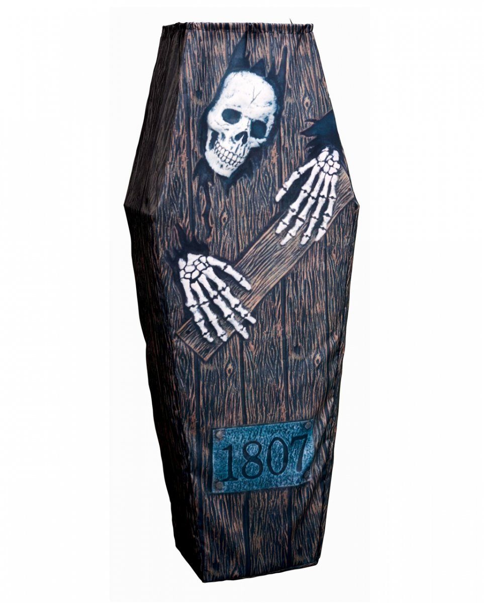 Horror-Shop Dekofigur Halloween Skelett mit zum Sarg Aufhängen Aufdruck