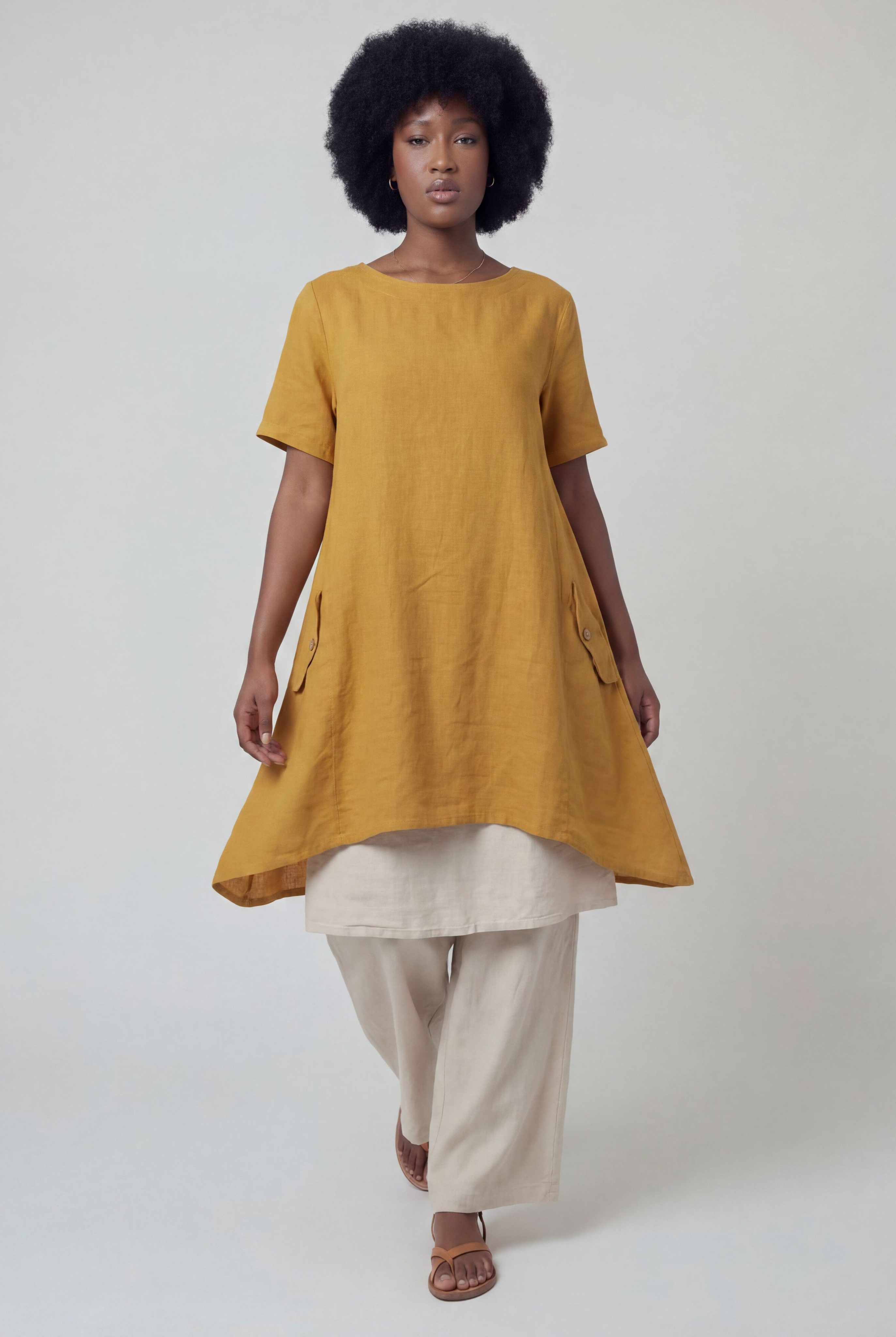 YC Fashion & Style Tunika Leinenkleid – luftiges Oversized Tunika-Kleid – One Size 34–44 dekorative Knopfdetails