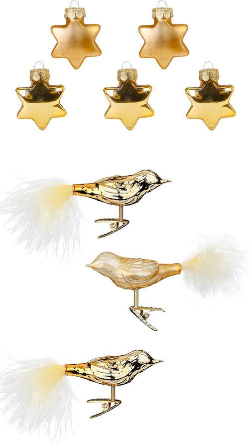 MAGIC by Inge Christbaumschmuck Glasornament Inkagold, Stern und Vogel (8-tlg), Weihnachtsdeko, Weihnachtsbaumschmuck aus Echtglas