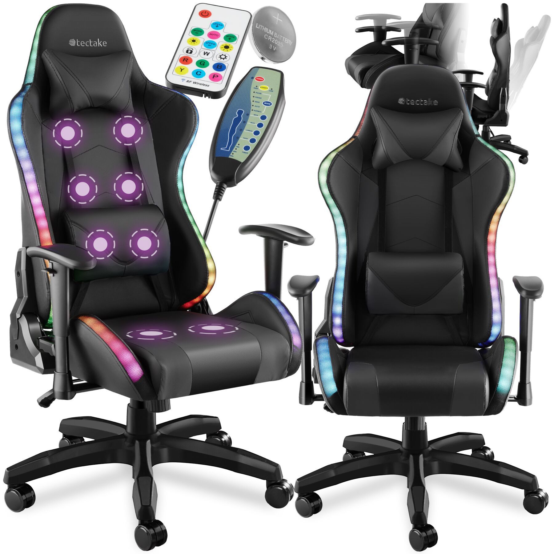 tectake Gaming-Stuhl Gaming-Sessel, Belastbarkeit 120 kg, mit verstellbarer Rückenlehne (Racing-Stuhl Tartaros, 1 St), LED-Beleuchtung & Massagefunktion, Kunstlederbezug, 360° drehbar