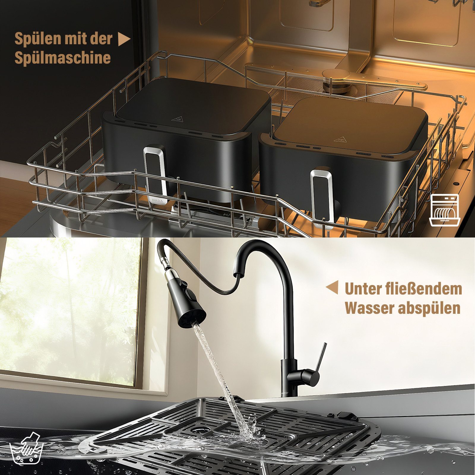 oyajia Heißluftfritteuse Airfryer XXL Dual Zone, 2 vertikale Schubladen, 10 Kochfunktionen, 2600,00 W, Heißluftfritteuse, 32% platzsparender, Sync und Match-Fun – Bild 5 von 5