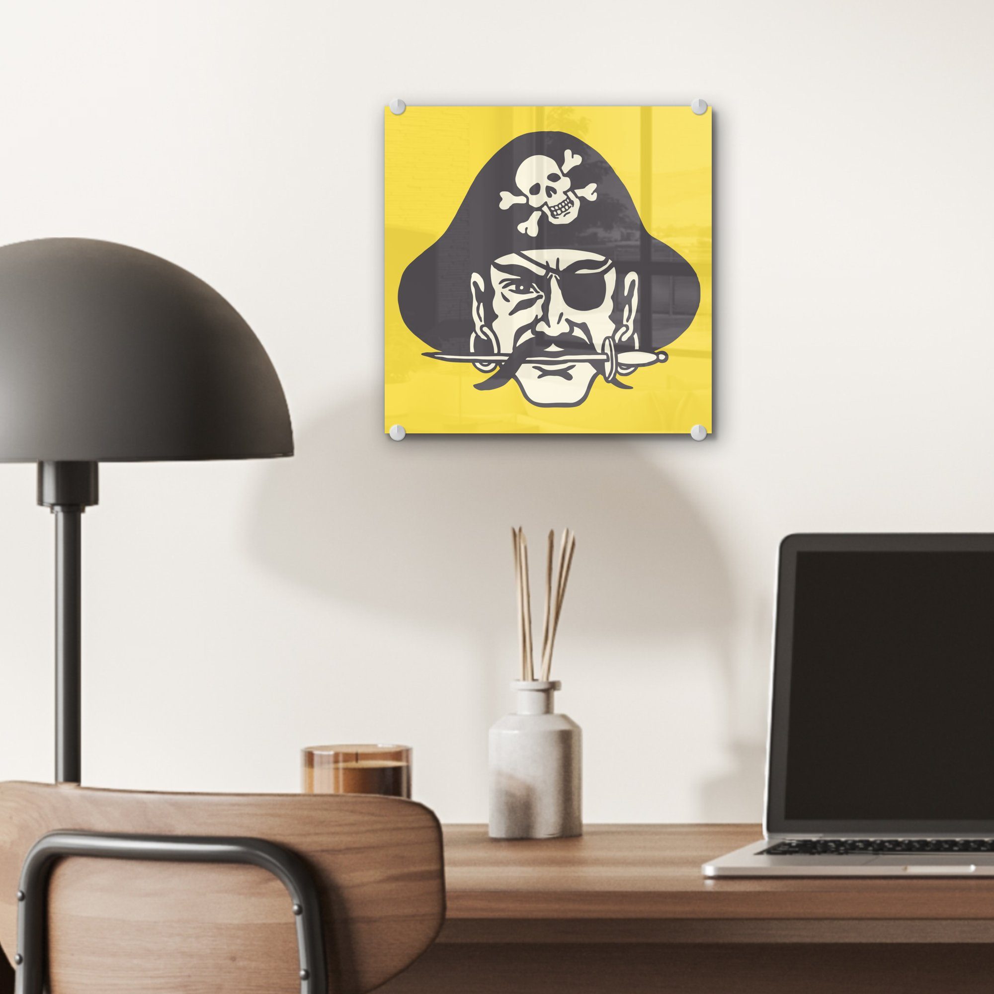 eines (1 MuchoWow St), Glasbilder Acrylglasbild Illustration Wandbild - - auf gelben einem - Bilder Hintergrund, Glas auf Piraten auf Glas Kinder Foto Wanddekoration