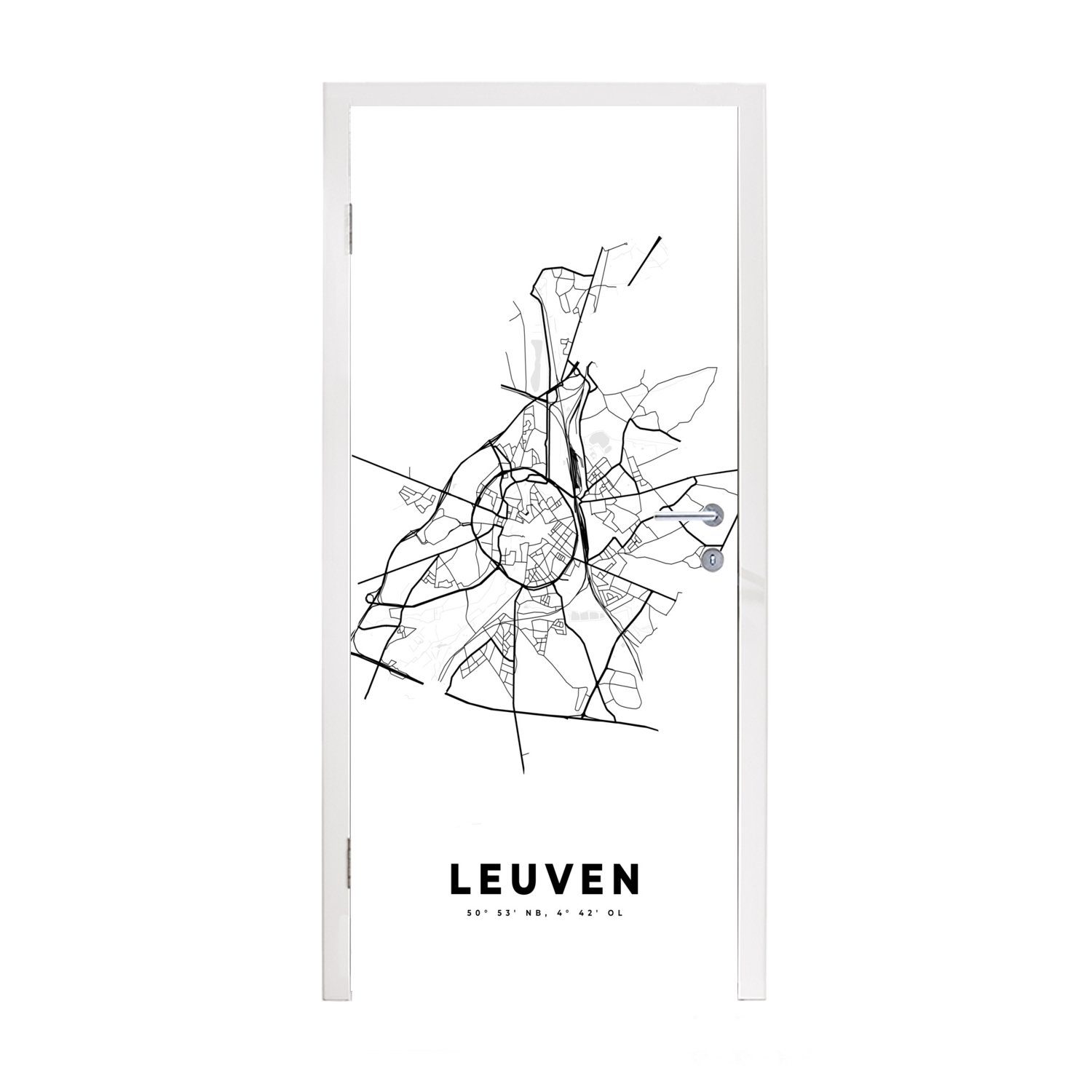 MuchoWow Türtapete Stadtplan - Schwarz und weiß - Karte - Leuven - Belgien, Matt, bedruckt, (1 St), Fototapete für Tür, Türaufkleber, 75x205 cm