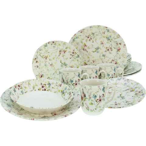 CreaTable Kombiservice Geschirr-Set Rose Garden (16-tlg), 4 Personen, Steingut, Service, Rosenmotiv, Vintage-Stil, 16 Teile, für 4 Personen