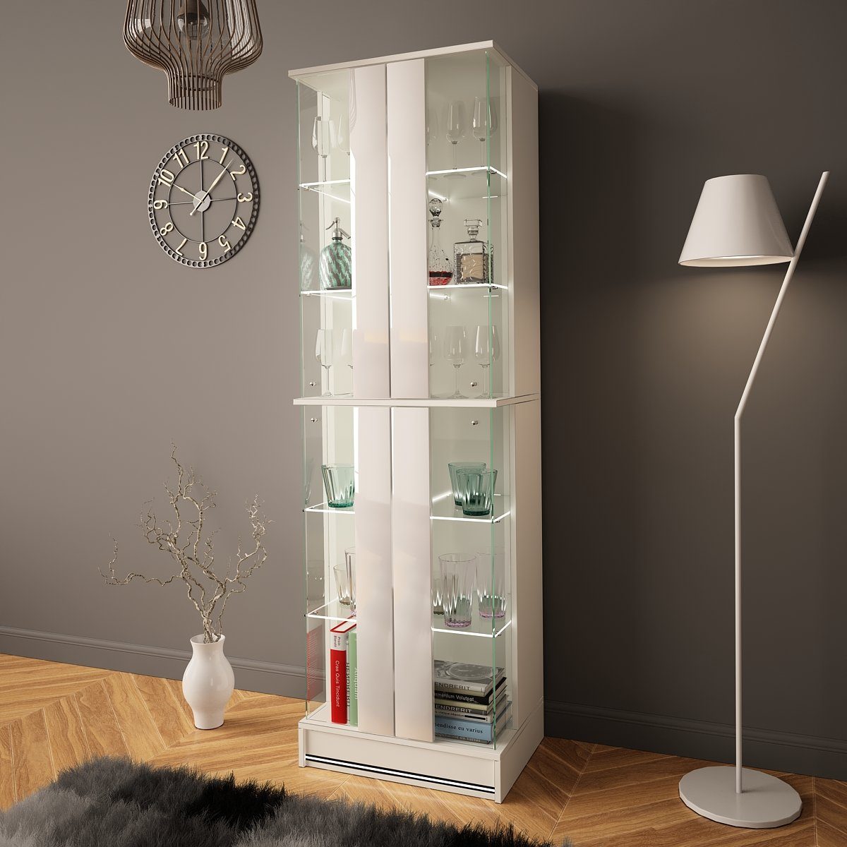 pressiode Bücherregal Vitrine Highboard Hochschrank weiss Regal Glasvitrine mit hochglanz LED 55cm hochglanz