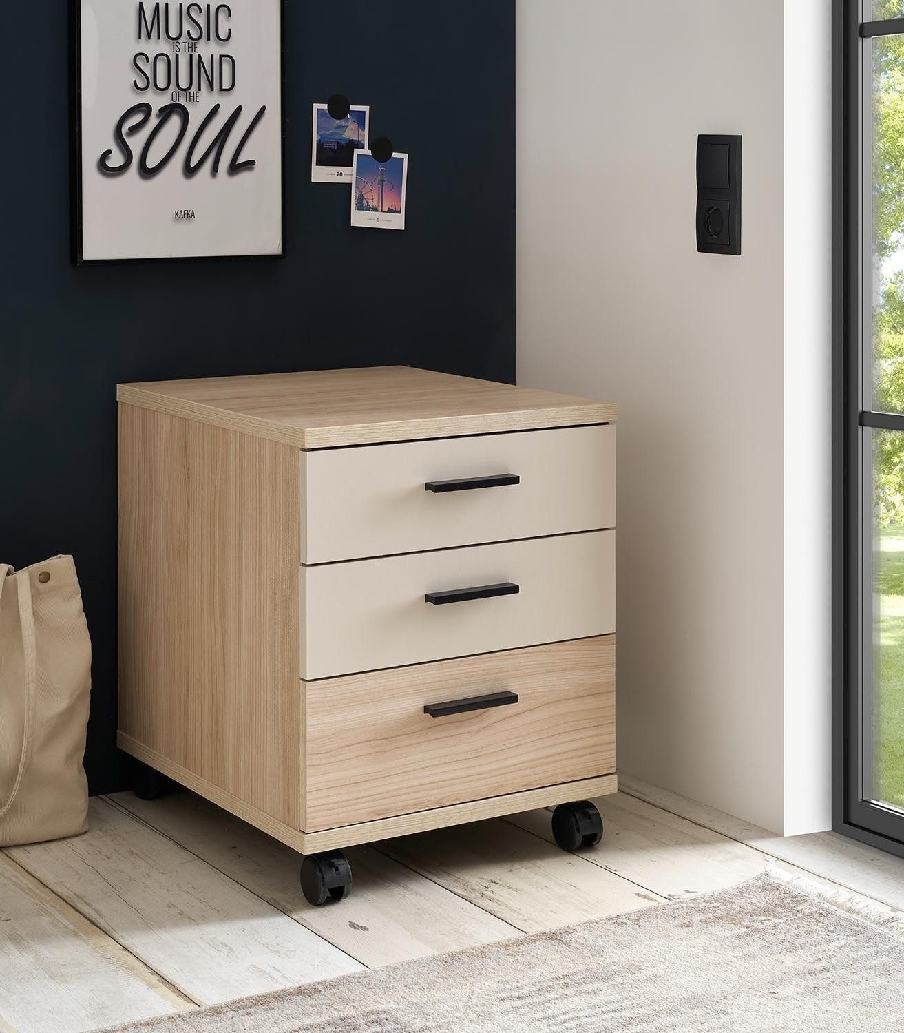 Vito Rollcontainer ASSUME, Cashmerebraun, Riva Eiche Dekor, mit Rollen, 3 Schubladen, B 43 x H 50 x T 50 cm