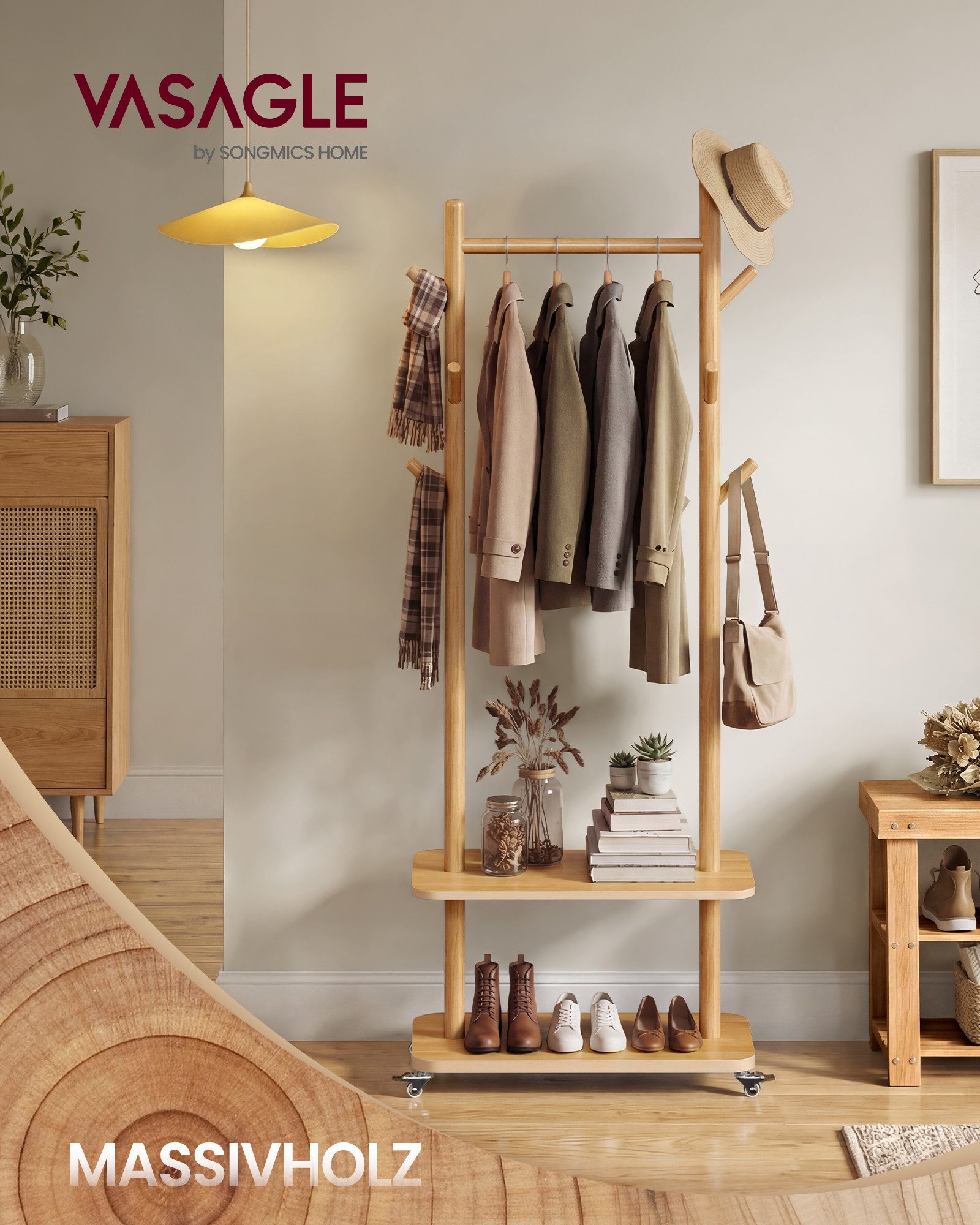 VASAGLE Garderobenständer Kleiderständer, Flur, Schlafzimmer, Wohnzimmer, Haken und Stange aus Massivholz