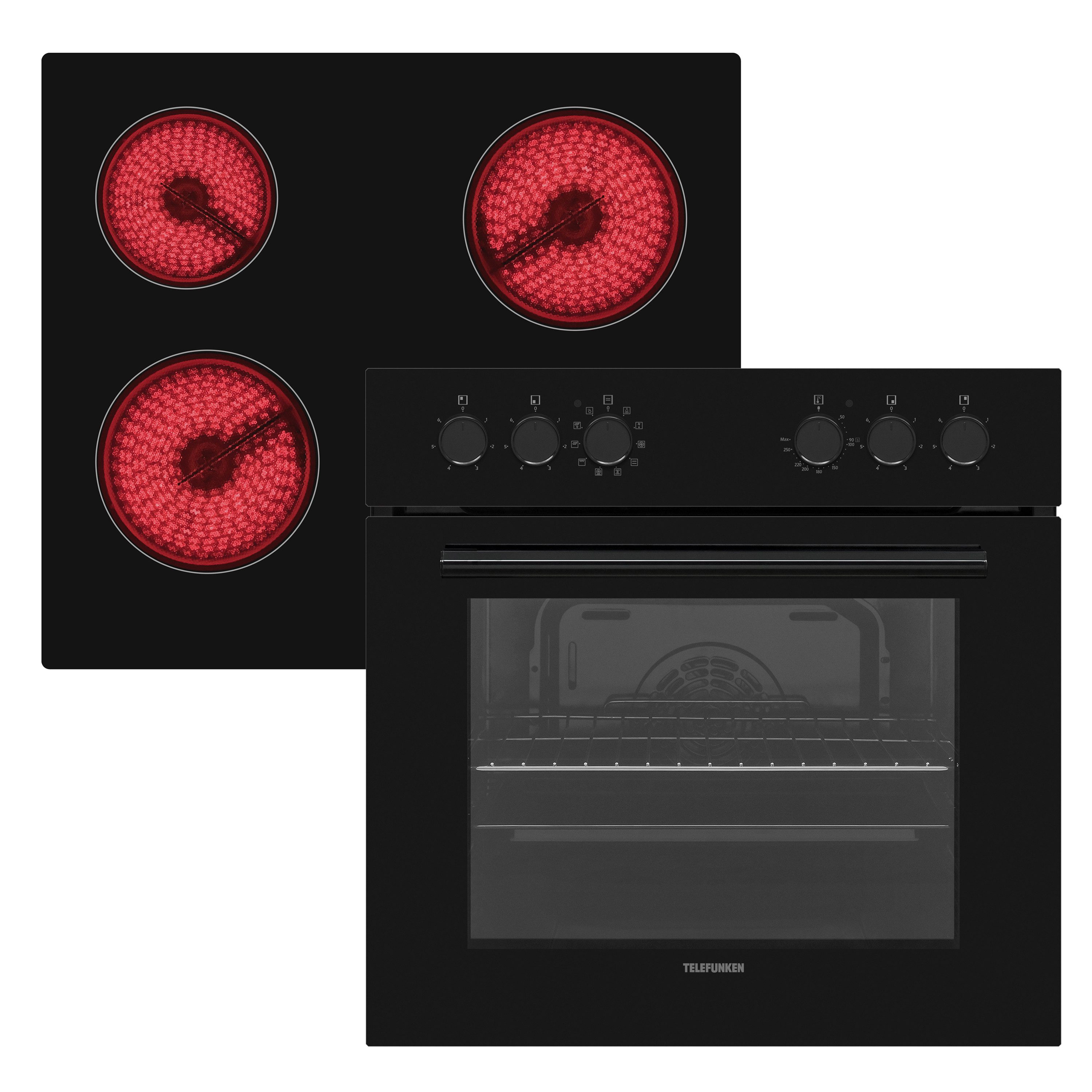 Telefunken Elektro-Herd-Set ECH65A-B2, VapClean, Einbauherdset, 65 L, Backofen mit Grill & Umluft, Glaskeramik-Kochfeld