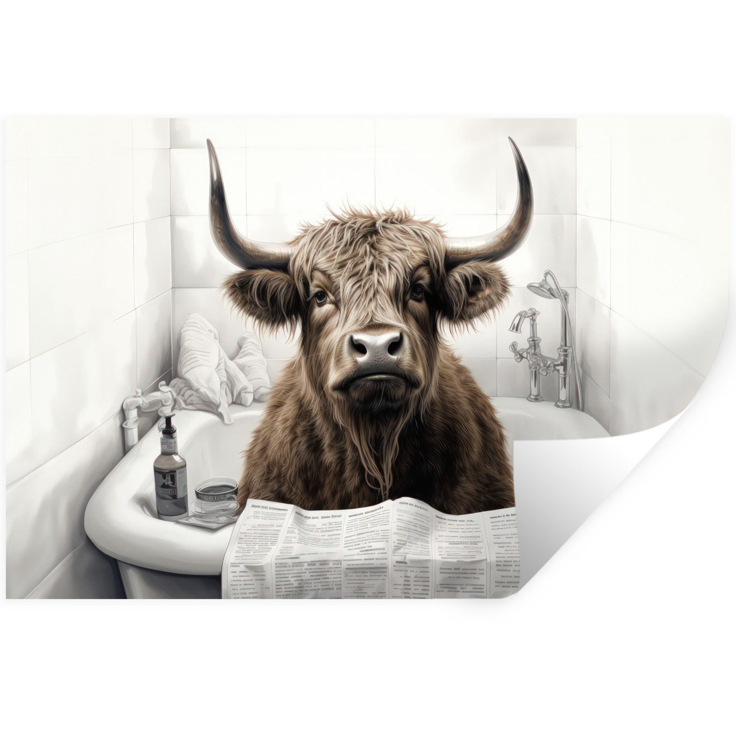 MuchoWow Wandsticker Schottischer Highlander - Badewanne - Badezimmer - Zeitung (1 St), Wanddeko, Aufkleber, Wandtattoo, 120x80 cm