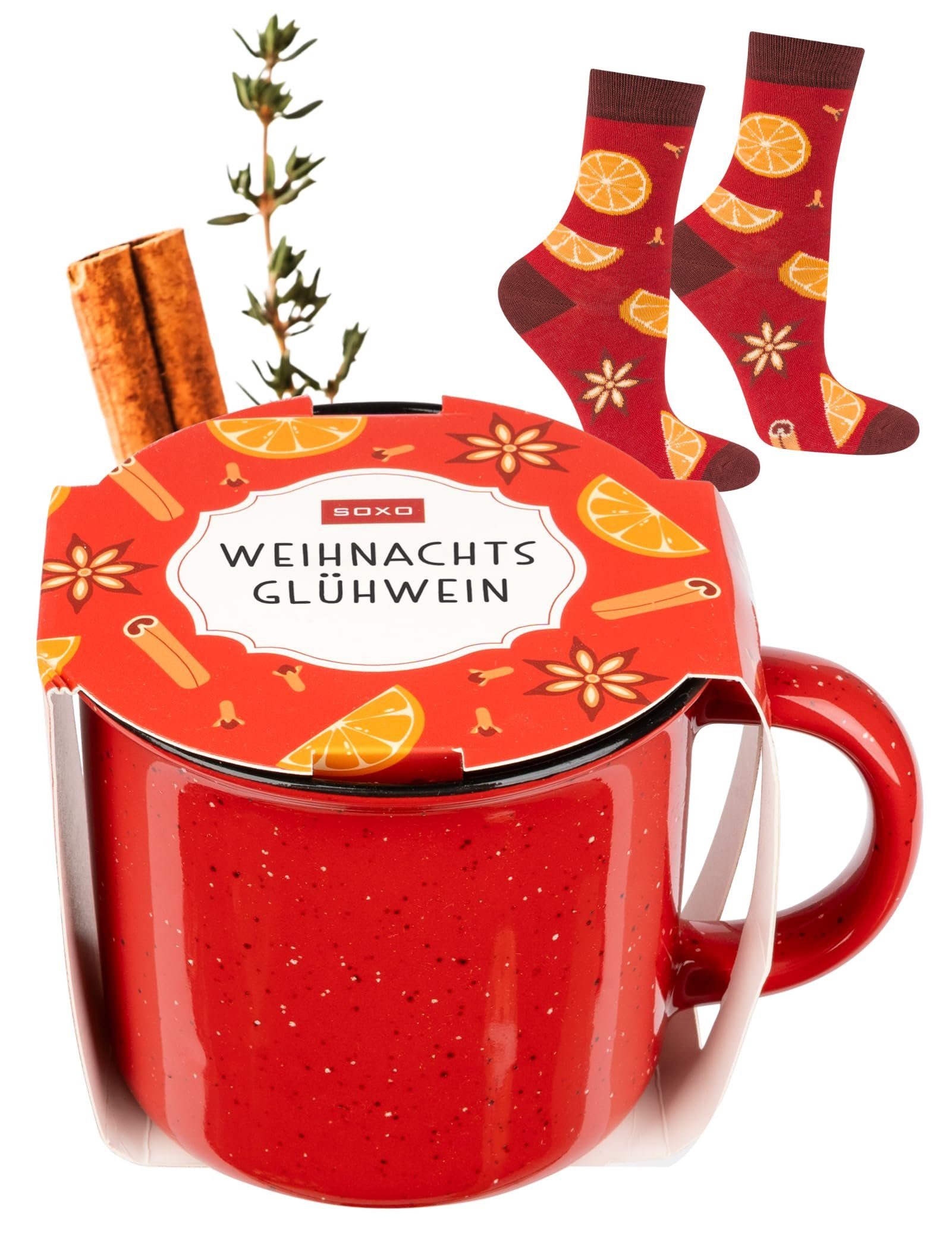 Soxo Geschenke 1 Lustige Socken Weihnachten Unisex Paar, Becher Glühwein + Socken Weihnachten Socken 1-Paar, (1 Paar)