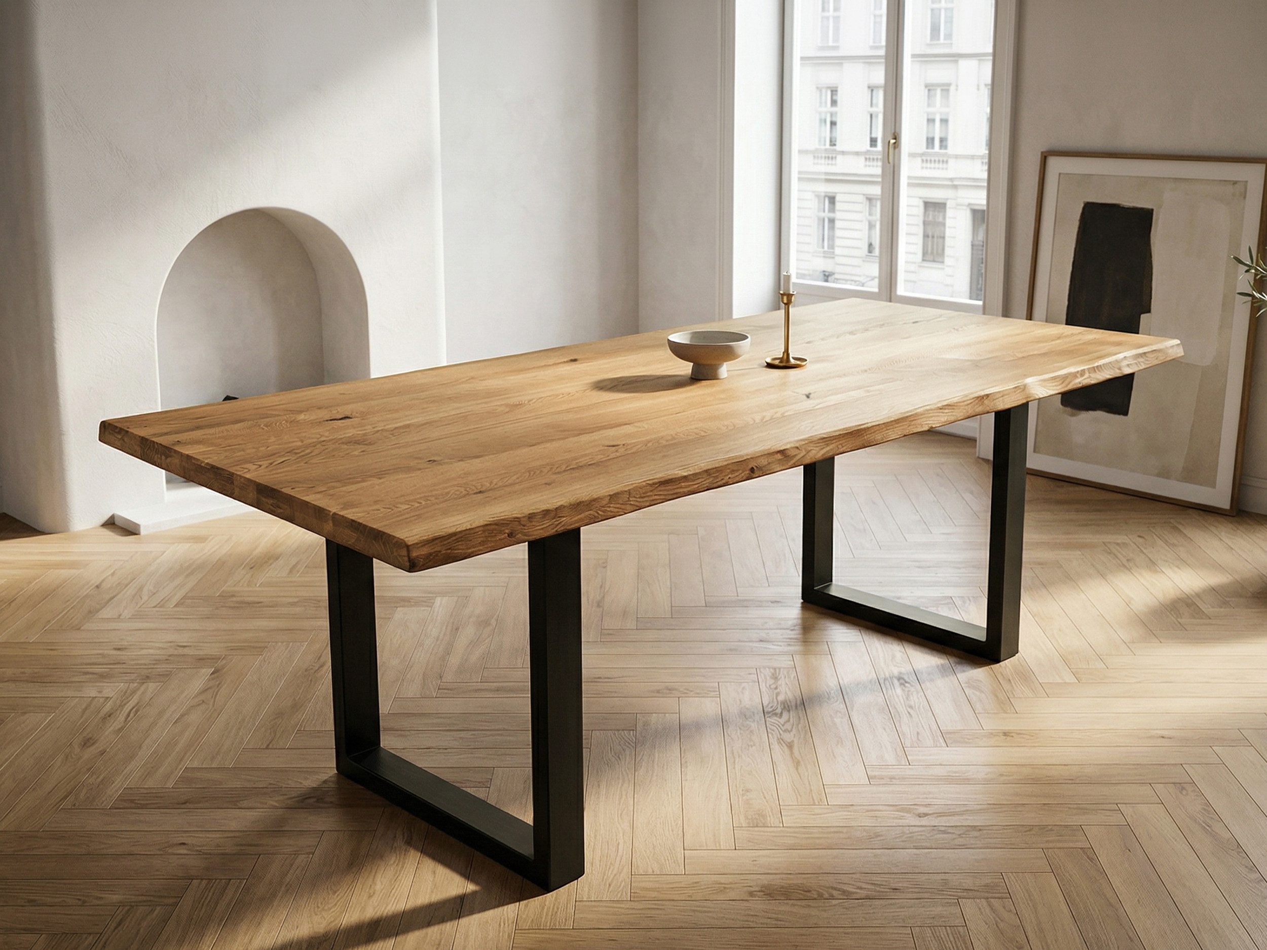 Massivart® Baumkantentisch Esstisch Wildeiche geölt / Baumkantenoptik »DALIUS«, 40 mm Tischplatte / U-Gestell schwarz Metall / Industrial Look