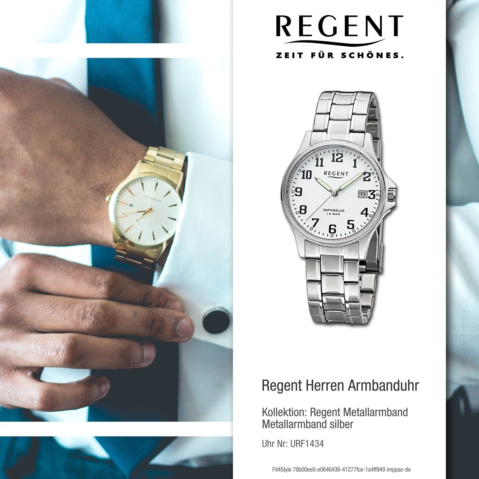 Regent (ca. Quarzuhr groß 36mm) extra Herrenuhr Metallarmband Gehäuse, Herren rundes silber, Armbanduhr Regent Analog,
