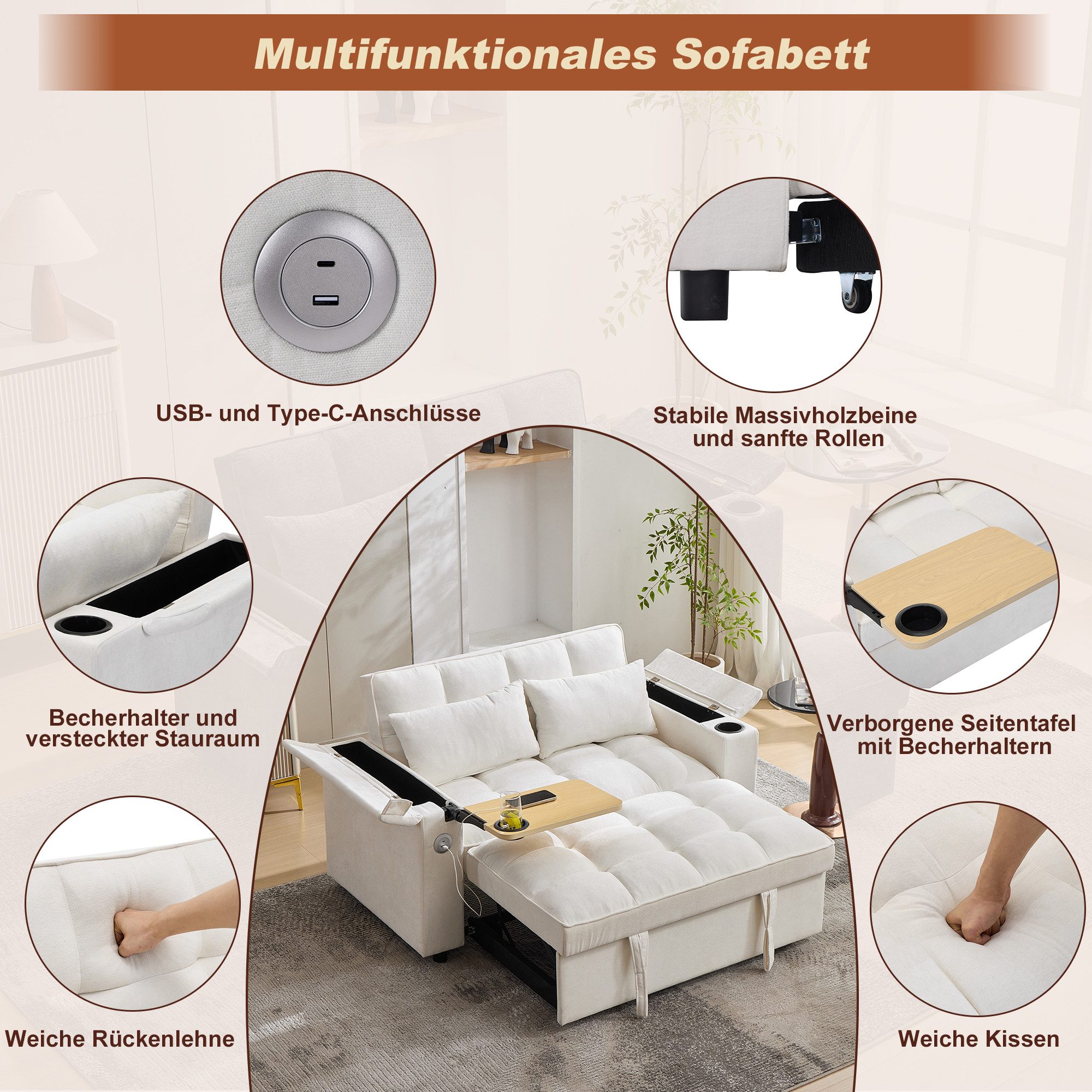 Merax Schlafsofa 3-in-1 Loungesofa faltbar Sofa mit USB & verstecktem Tisch, 1 Teile, 2-Sitzer Sofa mit verstellbarer Rückenlehne, Getränkehalter & Rollen – Bild 5 von 5