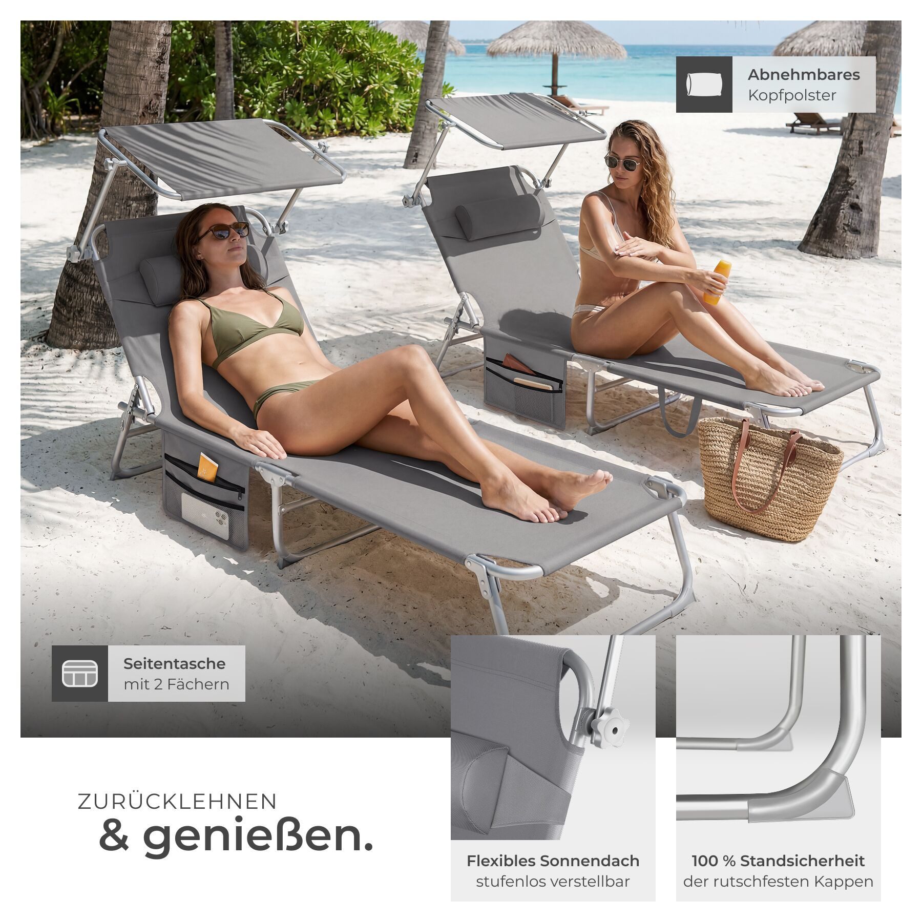 tectake Gartenliege Klappbare Relaxliege mit Sonnendach, Kopfpolster und Seitentasche, Sonnenliege 2er Set Chloé, 2 St., in Grau, 4-fach verstellbare Rückenlehn – Bild 4 von 5