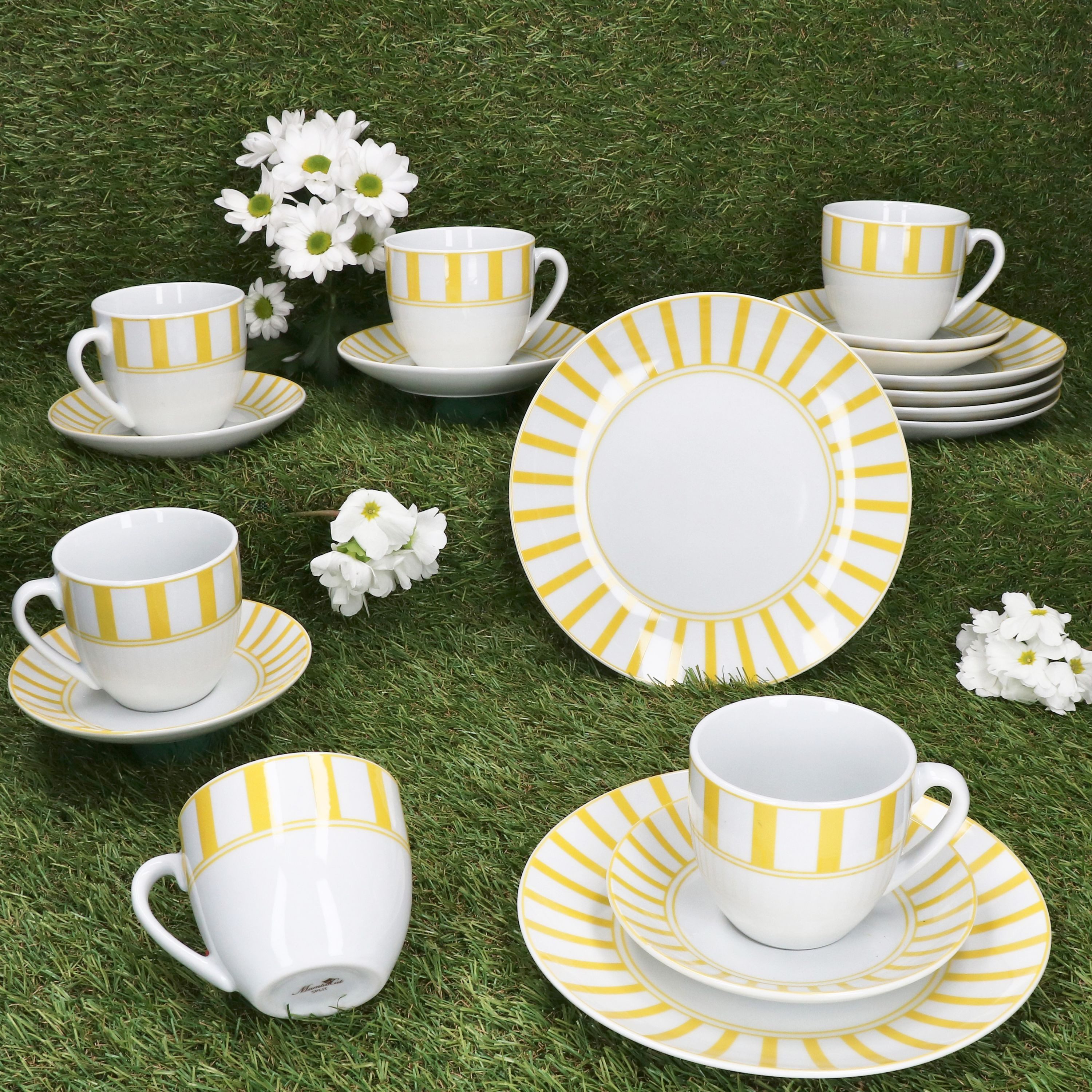 MamboCat Kaffeeservice 18tlg Kaffeeservice Split gelb Porzellan 6 Pers Tasse Teller Streifen, Porzellan