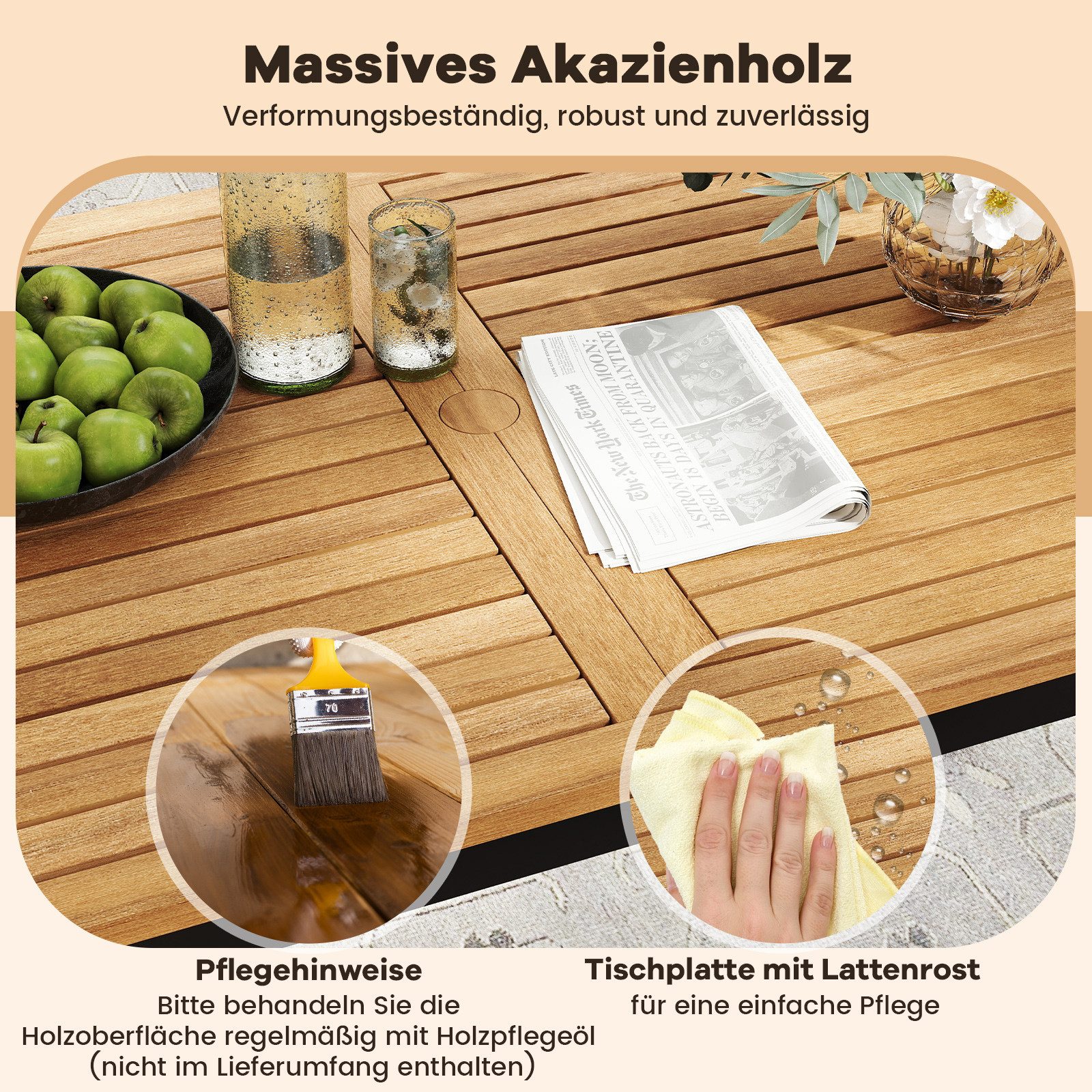 COSTWAY Garten-Essgruppe, (4-tlg), 4 Personen 120x70cm Gartentisch mit Schirmloch, Sitzbank, 2 Stühle