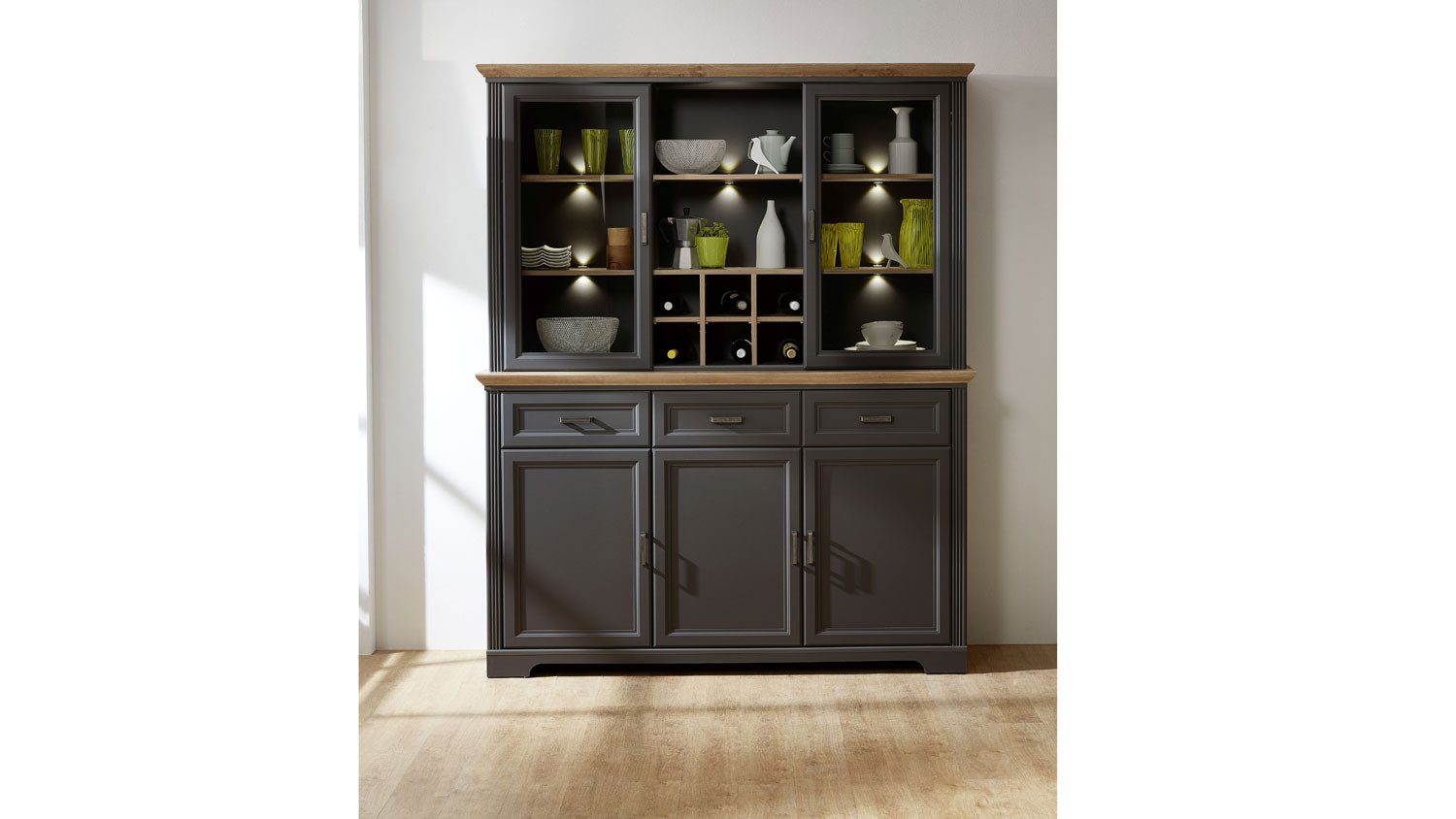 Innostyle Vitrine Buffet Jasmin Vitrine in graphit und Artisan Eiche 166x204 cm
