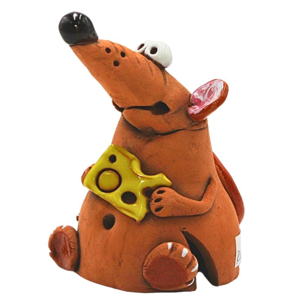 Dekohelden24 Räuchermännchen Handgemachte Keramik, Keramikmaus mit einem Stück Käse in der Hand, 10cm.
