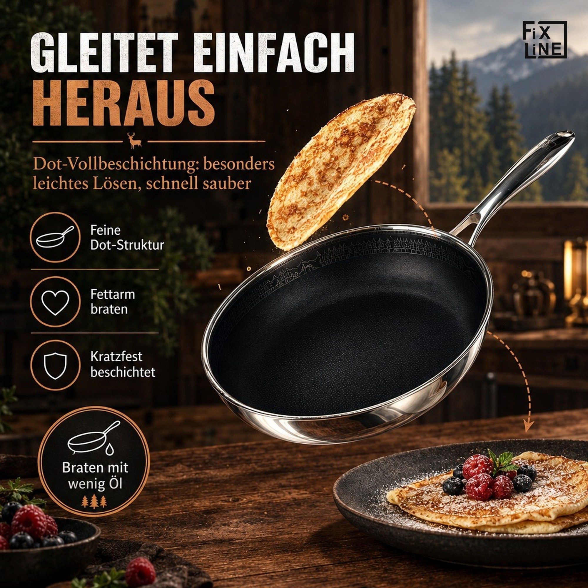 FIXLINE Schmorpfanne 28cm Black Forest Edition Beschichtet und einfache Reinigung, Edelstahl (Einzel, 1 Pfanne), Lieblingspfanne in deiner Küche – Bild 3 von 5