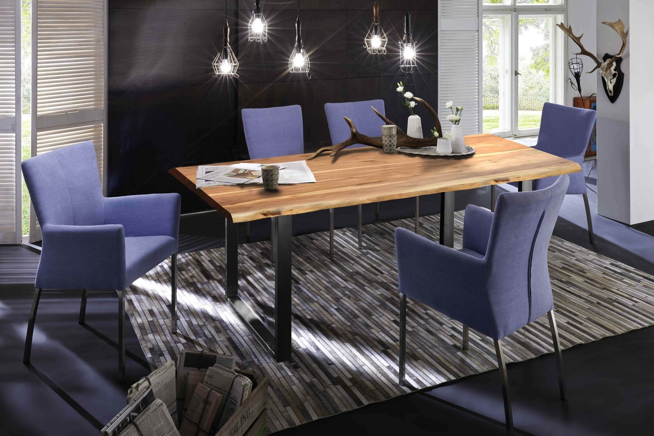 TPFLiving Baumkantentisch Artemis - Platte Akazie, Gestell Stahl (mit Baumkante wie gewachsen - Platte natur, Gestell schwarz, Baumkantentisch - Desinger Tisch Luxus - Esstisch massiv), Plattenstärke 36 mm - Baumkantentisch 160x85cm