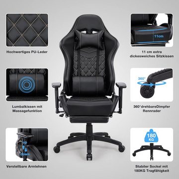 SeedWave Gaming-Stuhl PU Leder Game Stuhl mit Massagefunktion, Chefsessel Bürostuhl bis180kg, Ergonomischer Computerstuhl mit verstellbare Armlehnen