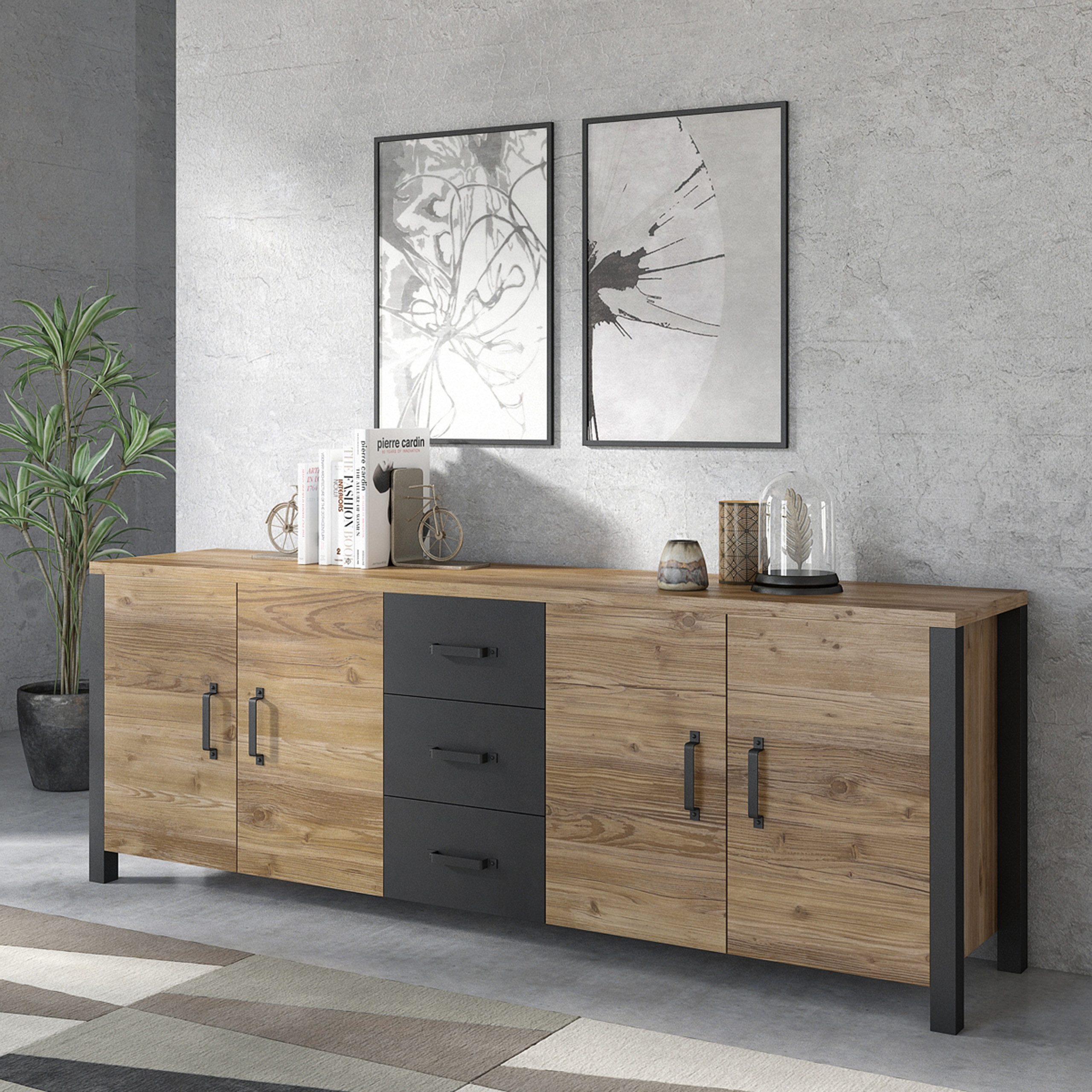 Masseno Kommode OLIVIERO 220 cm Sideboard mit 3 Schubladen und 4 Türen Braun