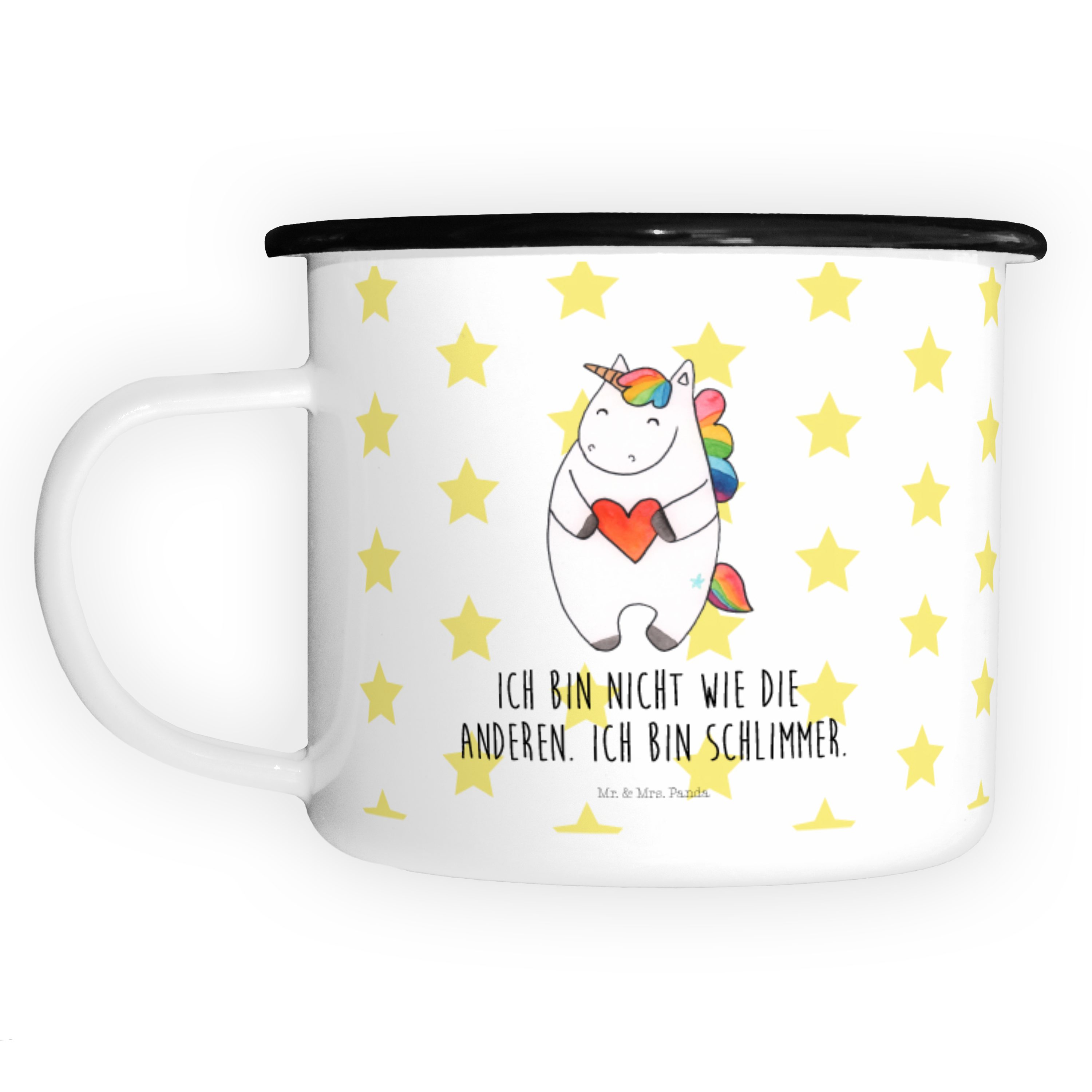 Mr. & Mrs. Panda Dekobecher Einhorn Herz - Weiß - Geschenk, Metalltasse, XL Emaille Tasse, Einhör (1 St)