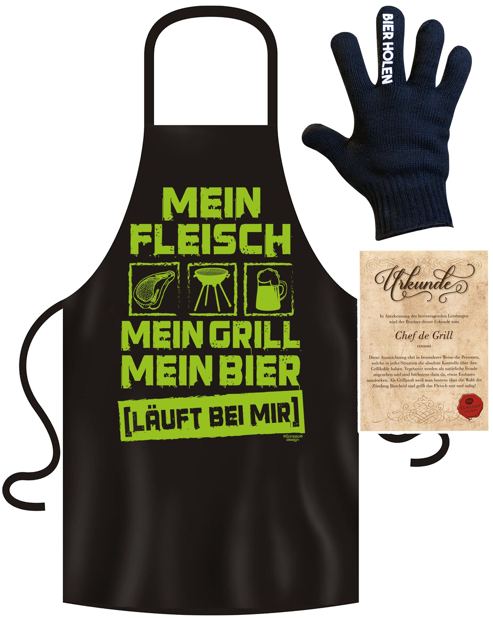 Soreso® Grillschürze Grillset/Schürze "Mein Fleisch - Mein Grill - Mein Bier" für Männer, (Spar-Set, Geschenk-Set, 3-teiliges Set, 1x Grillschürze+ 1x Grillhandschuh+ 1x Urkunde), Grillschürze handgefertigt in Deutschland, Qualitätsprodukt