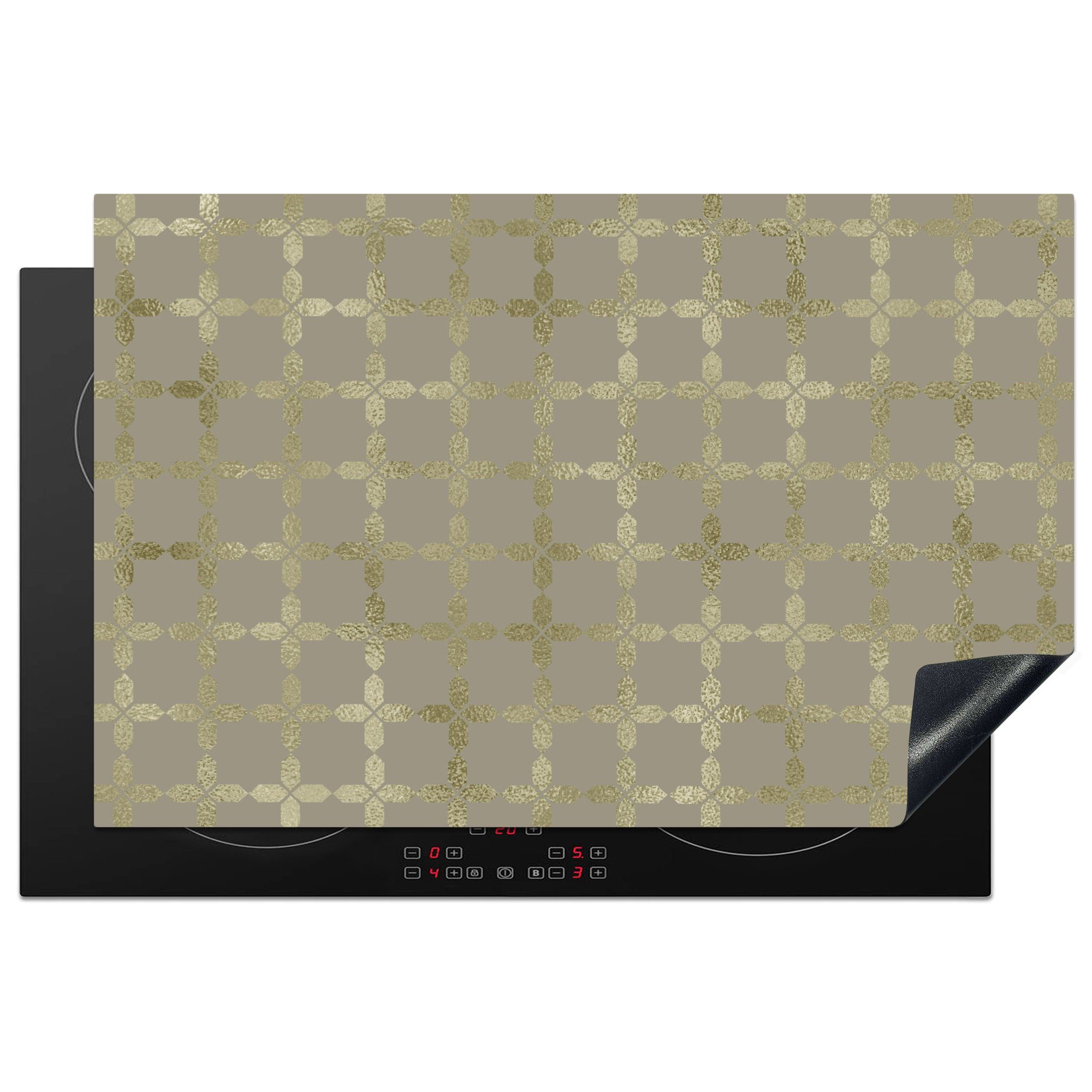 MuchoWow Herdblende-/Abdeckplatte Muster - Grau - Gold, Vinyl, (1 tlg), 81x52 cm, Induktionskochfeld Schutz für die küche, Ceranfeldabdeckung