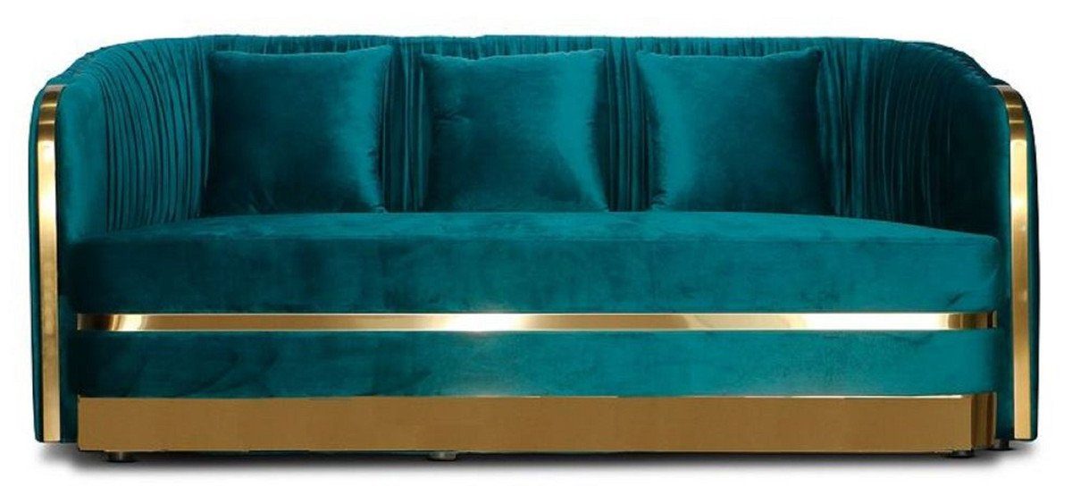 Casa Padrino Sofa Art Deco Samt Sofa Grünblau / Gold 180 x 78 x H. 80 cm - Wohnzimmer Sofa - Art Deco Wohnzimmer Möbel | Alle Sofas