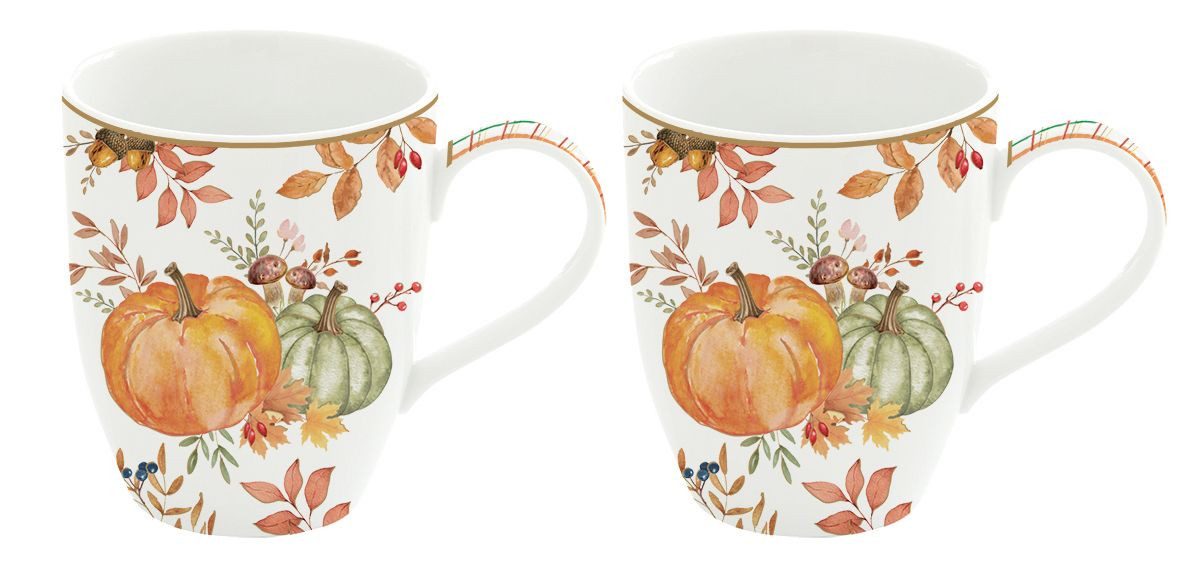 EasyLife Tasse Harvest, Porzellan, Spülmaschinengeeignet, Mehrfarbig, Kürbis, Blätter + Karos, H: 10.5cm