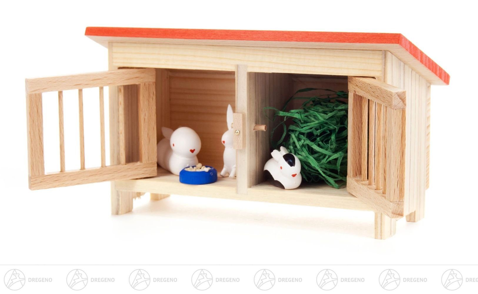 Dregeno Erzgebirge Weihnachtsfigur Miniatur Kleiner Hasenstall mit Hasen (5) Höhe ca 8 cm NEU, Türen lassen sich öffnen