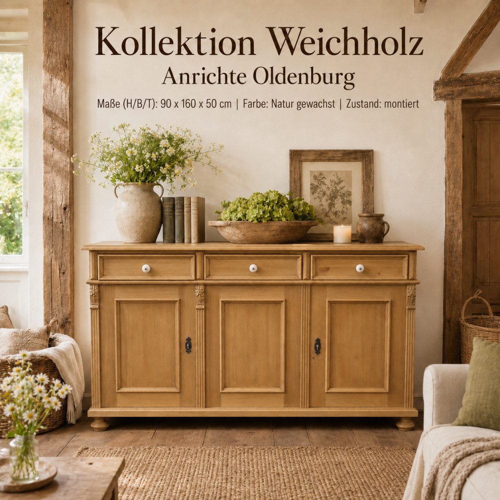 Sideboard Landhaus Anrichte Oldenburg Weichholz 160 cm Sideboard Kommode