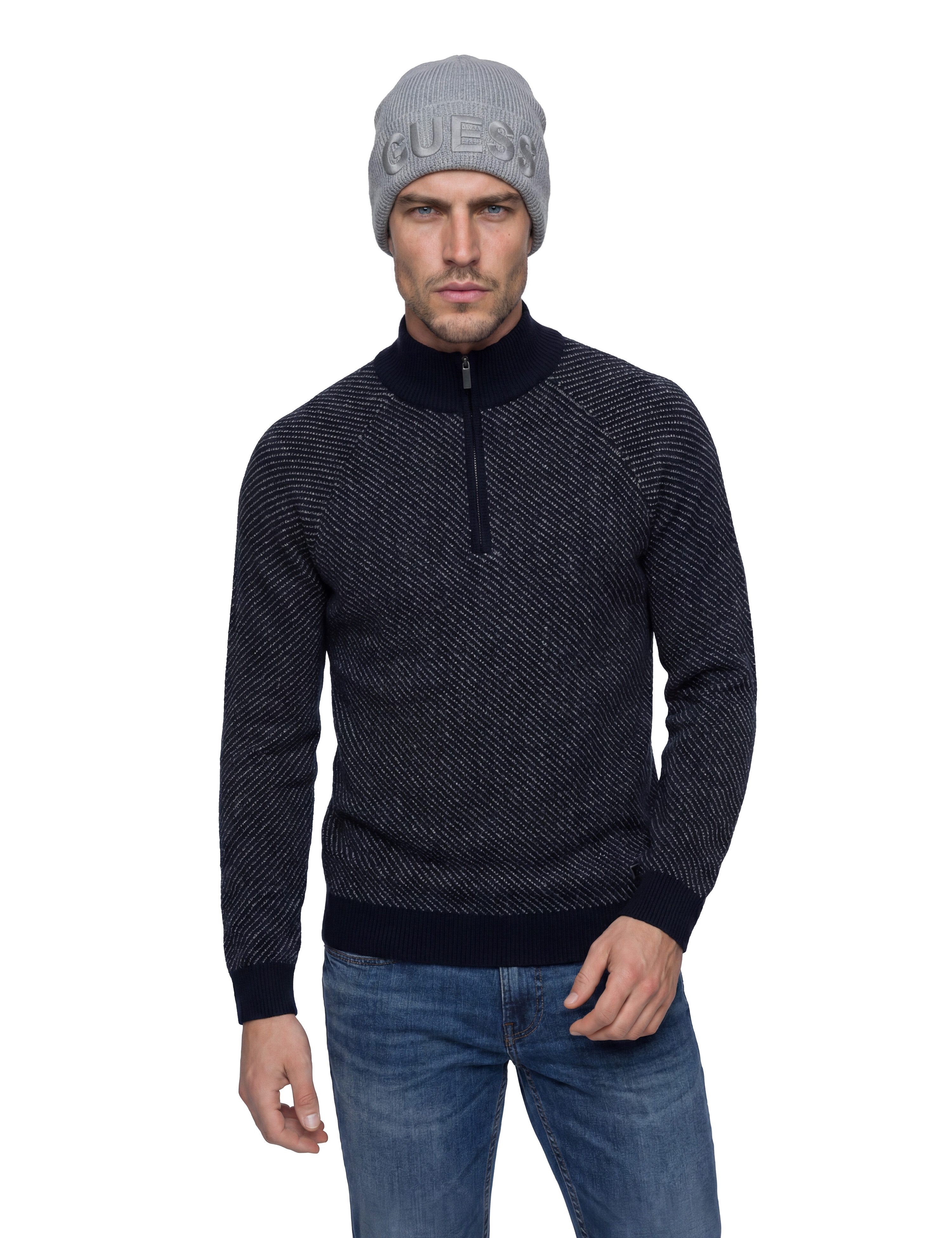 Guess Jacquardpullover NICO DIAGONAL STITCH mit Wolle, Stehkragen mit Reißverschluss, Jaquard-Strick