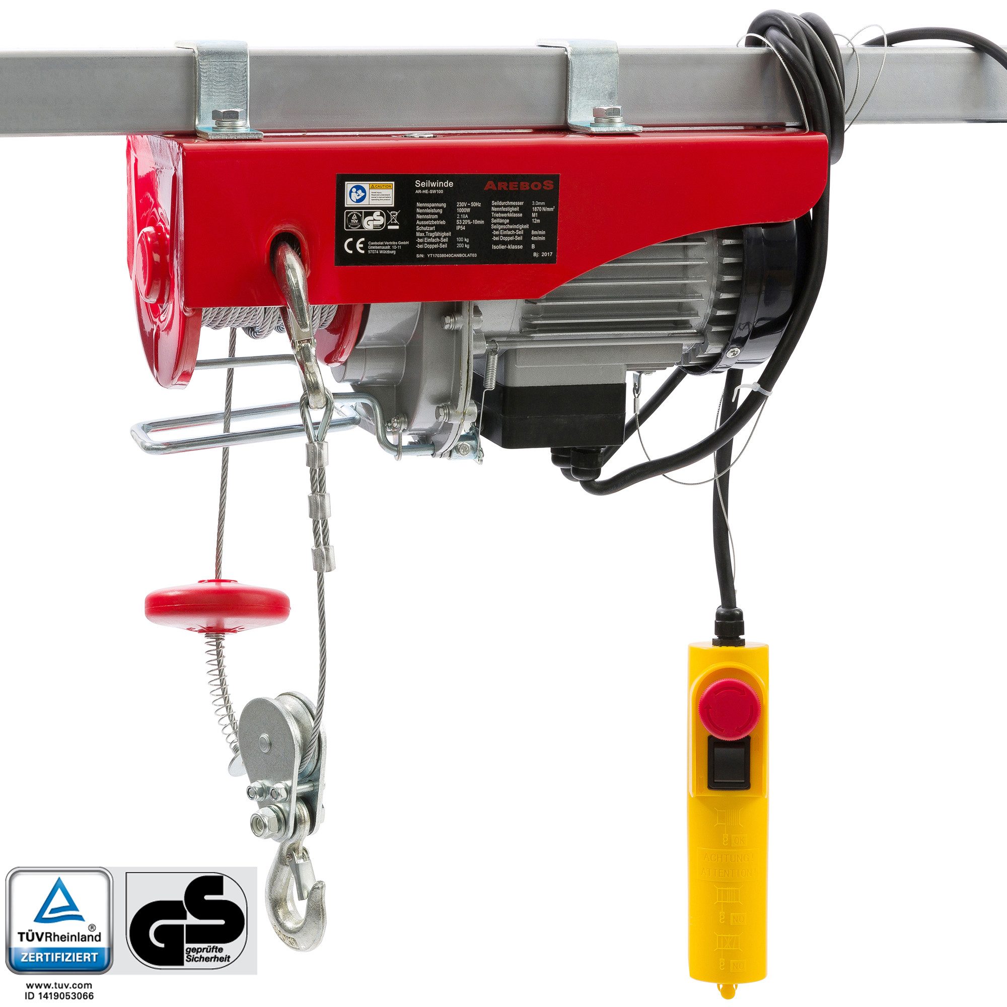Arebos Seilwinde 500 W, 230 V, 100-200 kg Hubhöhe bis 12 m, mit Fernbedienung, Einsatzbereich: ideal für Werkstatt, Garage oder Bau