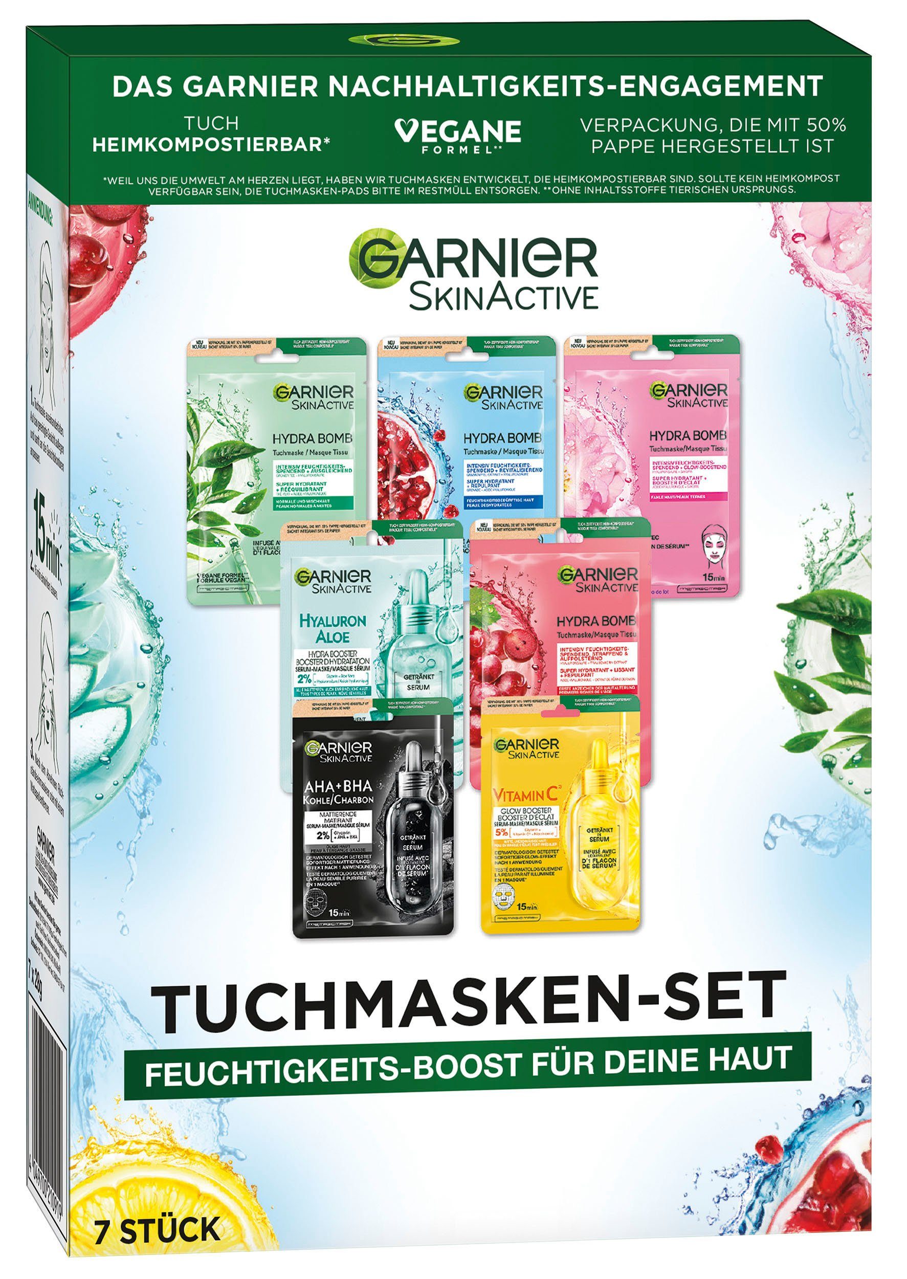 GARNIER Tuchmaske SKIN ACTIVE TUCHMASKEN-SET Set, 7-tlg., mit sieben regenerierenden Masken, für Gesicht und alle Hauttypen