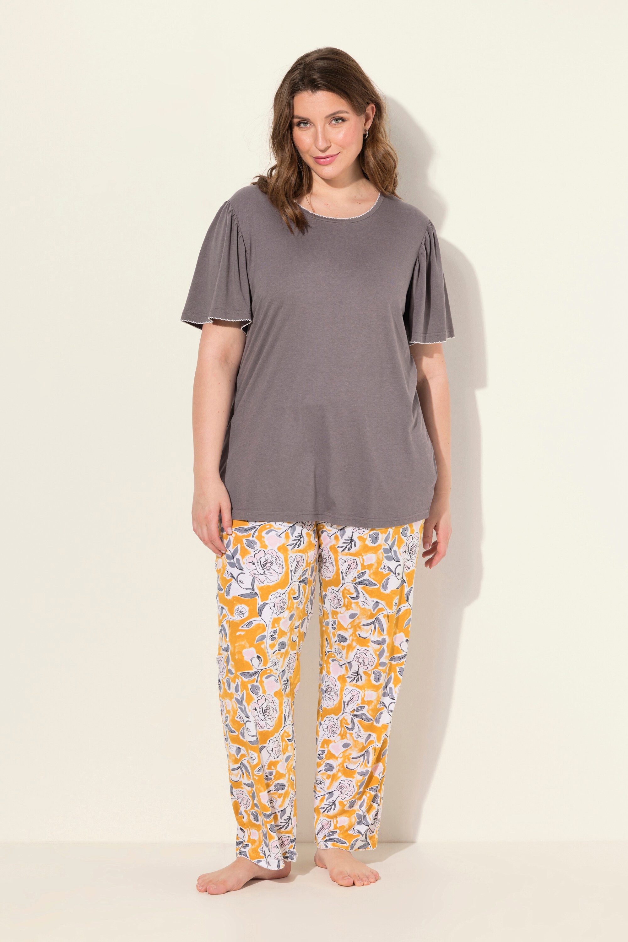 Pyjama Pyjama Blüten U-Boot-Ausschnitt Halbarm Taschen