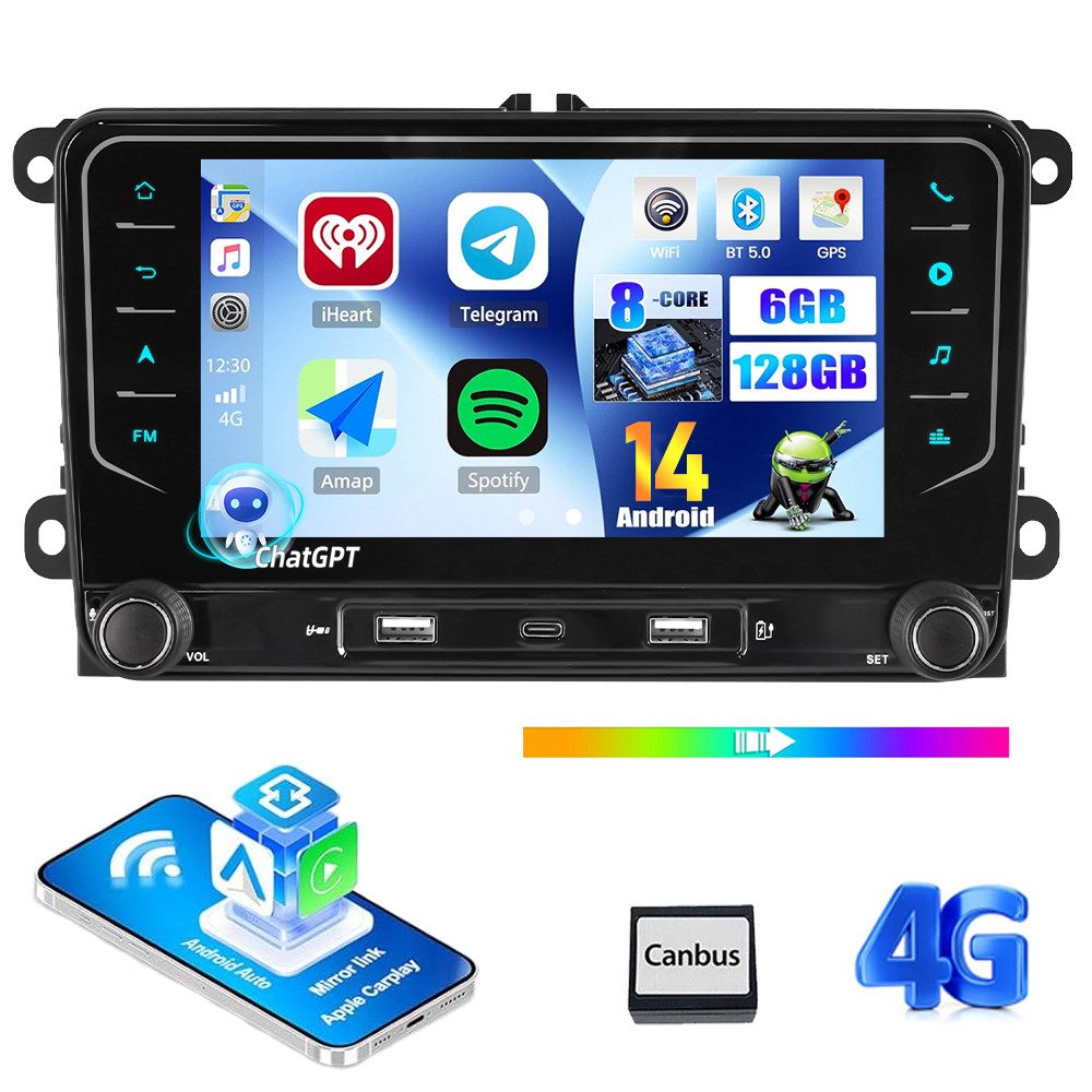 ESSGOO 8Core 6+128G Android 14 Carplay Navi Für VW Golf 5 6 Caddy Polo Passat Autoradio (DAB+ (optional), 4G, RDS, AM, FM, Carplay Android Auto Bluetooth EQ USB GPS Navi WIFI Touchscreen)