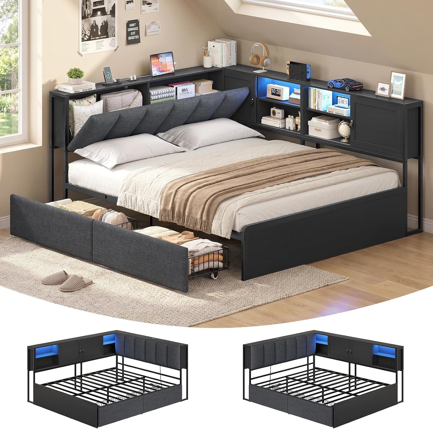 KIMENICH Polsterbett mit LED‑Beleuchtung, integrierter Ladestation und Stauraum‑Kopfteil (Ohne Matratze), Schlafsofa, Jugendbett, Tagesbett, 2 Schubladen, 140 x 200 cm
