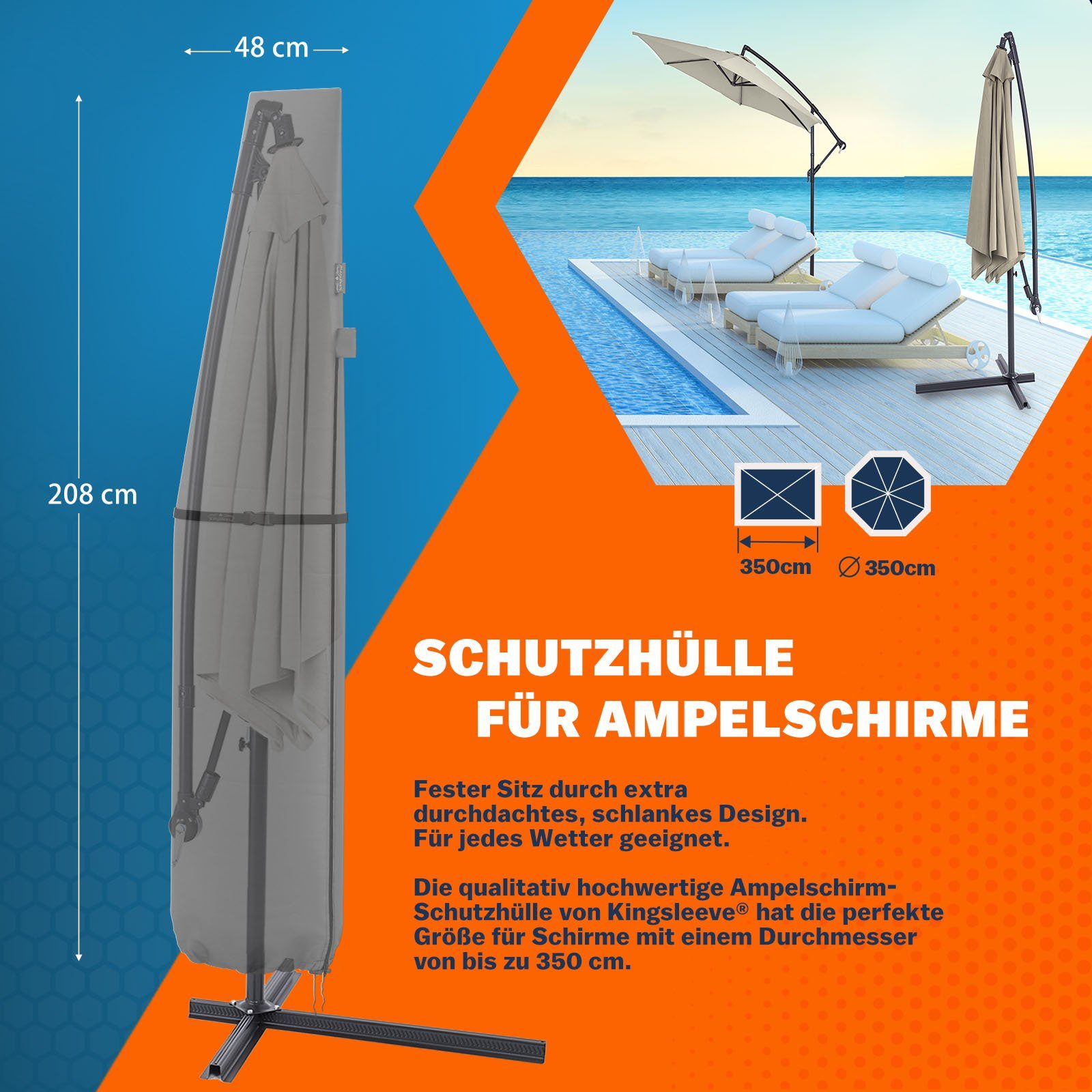 Kingsleeve Sonnenschirm-Schutzhülle, Ampelschirm mit Stab bis Ø 350 cm Wetterdicht Groß Sonnenschirm Grau