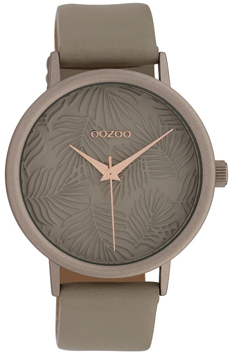 OOZOO Quarzuhr Oozoo Damen Armbanduhr taupe, Damenuhr rund, groß (ca. 42mm) Lederarmband, Fashion-Style