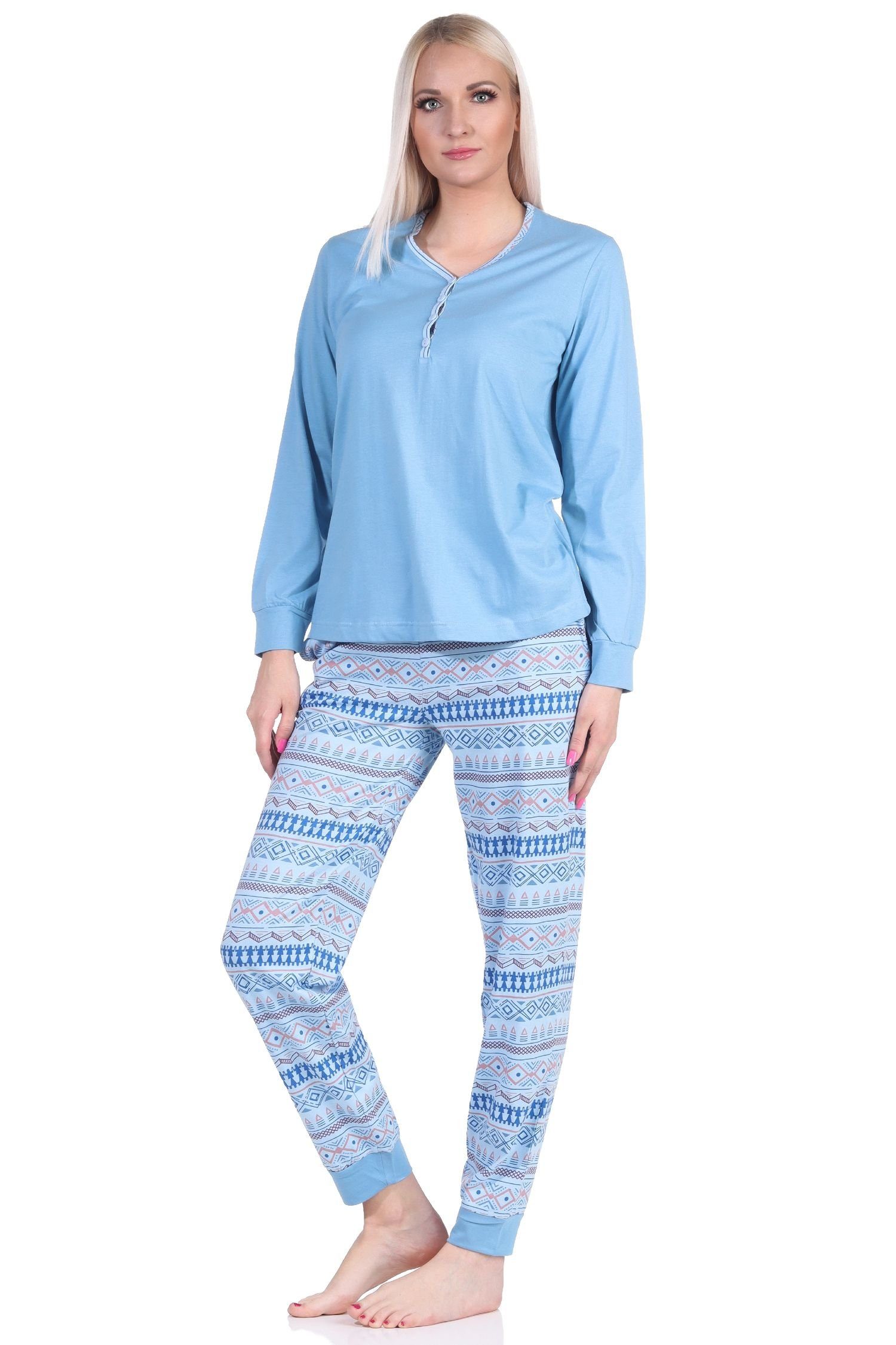 Normann Pyjama im Ethnolook in lang Schlafanzug mit Bündchen auch Übergröße Damen hellblau 