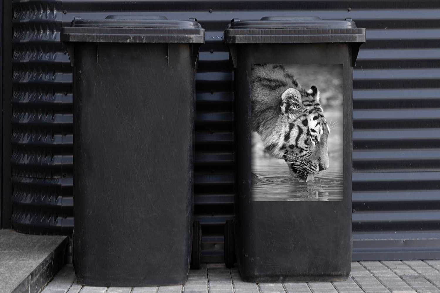 MuchoWow Wandsticker (1 Tiger St), Mülltonne, Sticker, Trinkender Container, Abfalbehälter - weiß schwarz Mülleimer-aufkleber, und