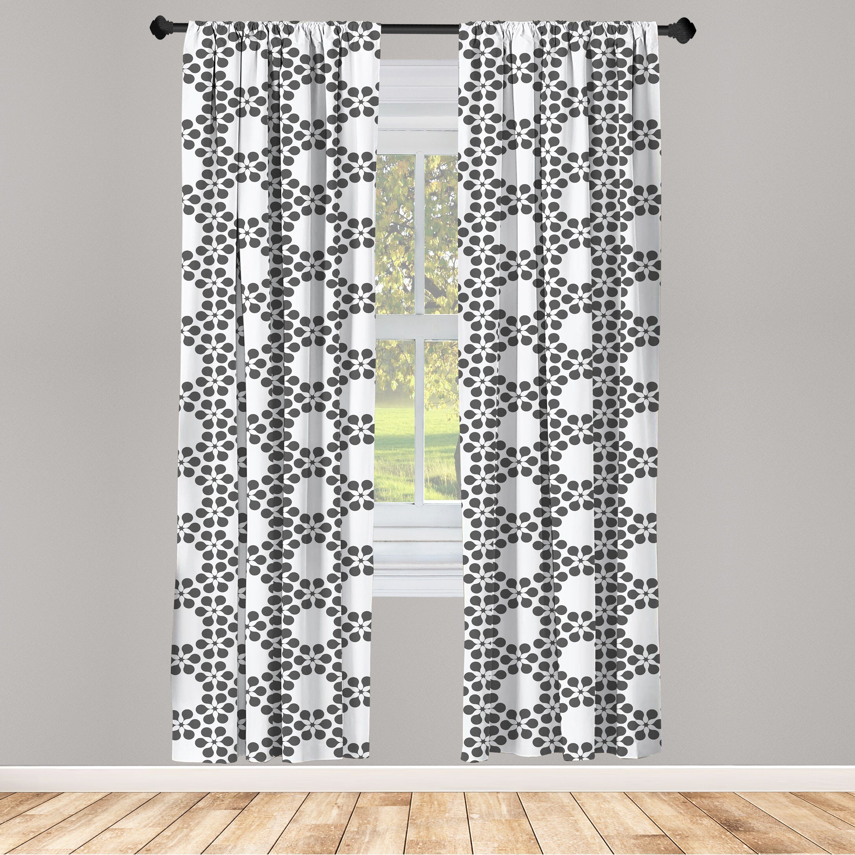Gardine Vorhang für Wohnzimmer Schlafzimmer Dekor, Abakuhaus, Microfaser, Grau und Weiß Blumen-Gitter