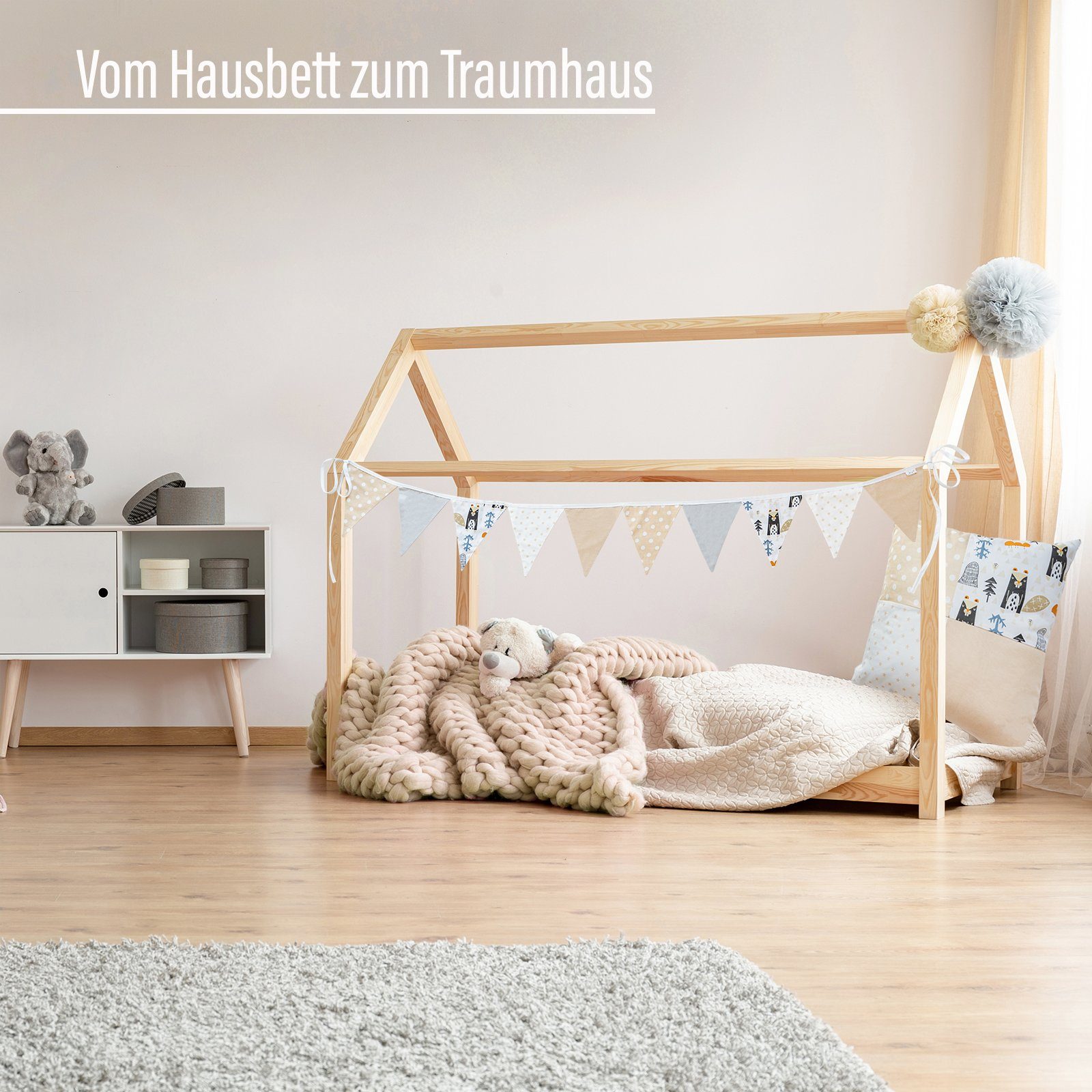 Alcube Betthimmel Kinderzimmer aus Set, & Kissen Deko Deko Wimpelkette - Weiß/Beige Babyzimmer, 40x40 Kinderbett für
