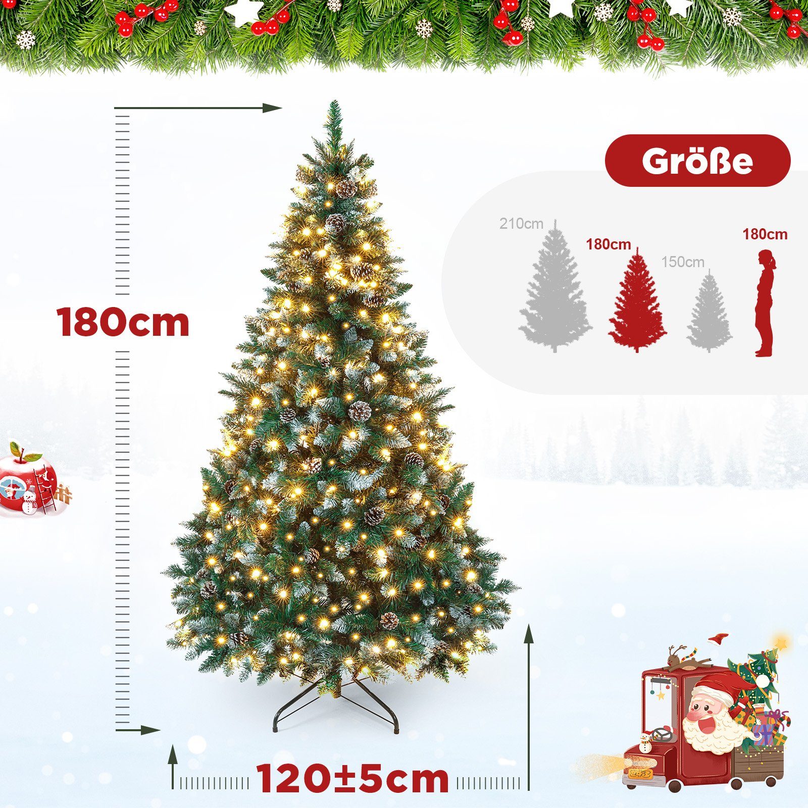 Yorbay Künstlicher Weihnachtsbaum Künstlicher Tannenbaum mit LED Beleuchtung, Schnee, Kiefernzapfen, 150 / 180 / 210 cm auswählbar, mit Ständer, Weihnachtsbaum Christbaum für Weihnachten-Dekoration