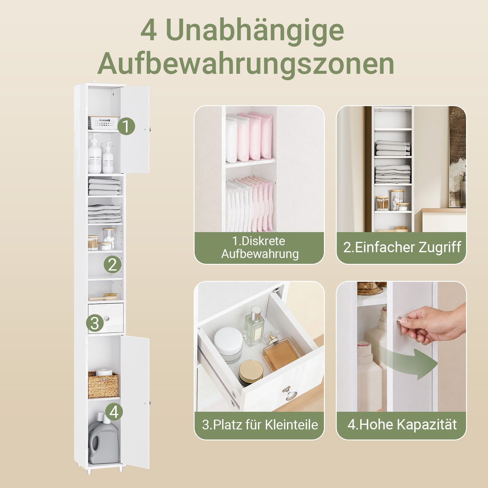 SoBuy Hochschrank BZR167, Badezimmerschrank schmal, Hochglanz Weiß, 20cm schmal Badregal Platzsparender Nischenschrank, verstellbare Ablagen, offenes Fach – Bild 3 von 5