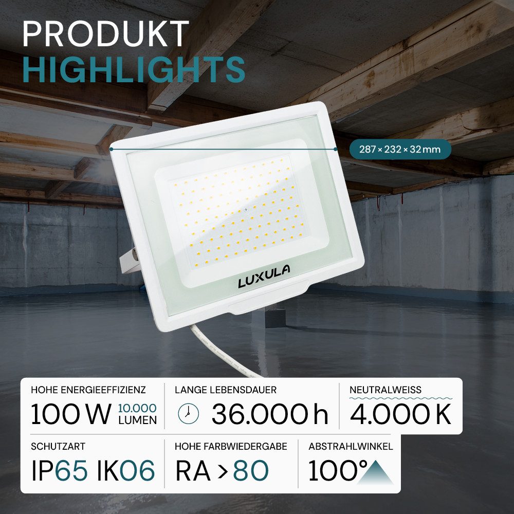 LUXULA LED Flutlichtstrahler LUXULA LED Fluter 100 W 4000 K Neutralweiß Weiß, LED fest integriert, Neutralweiß
