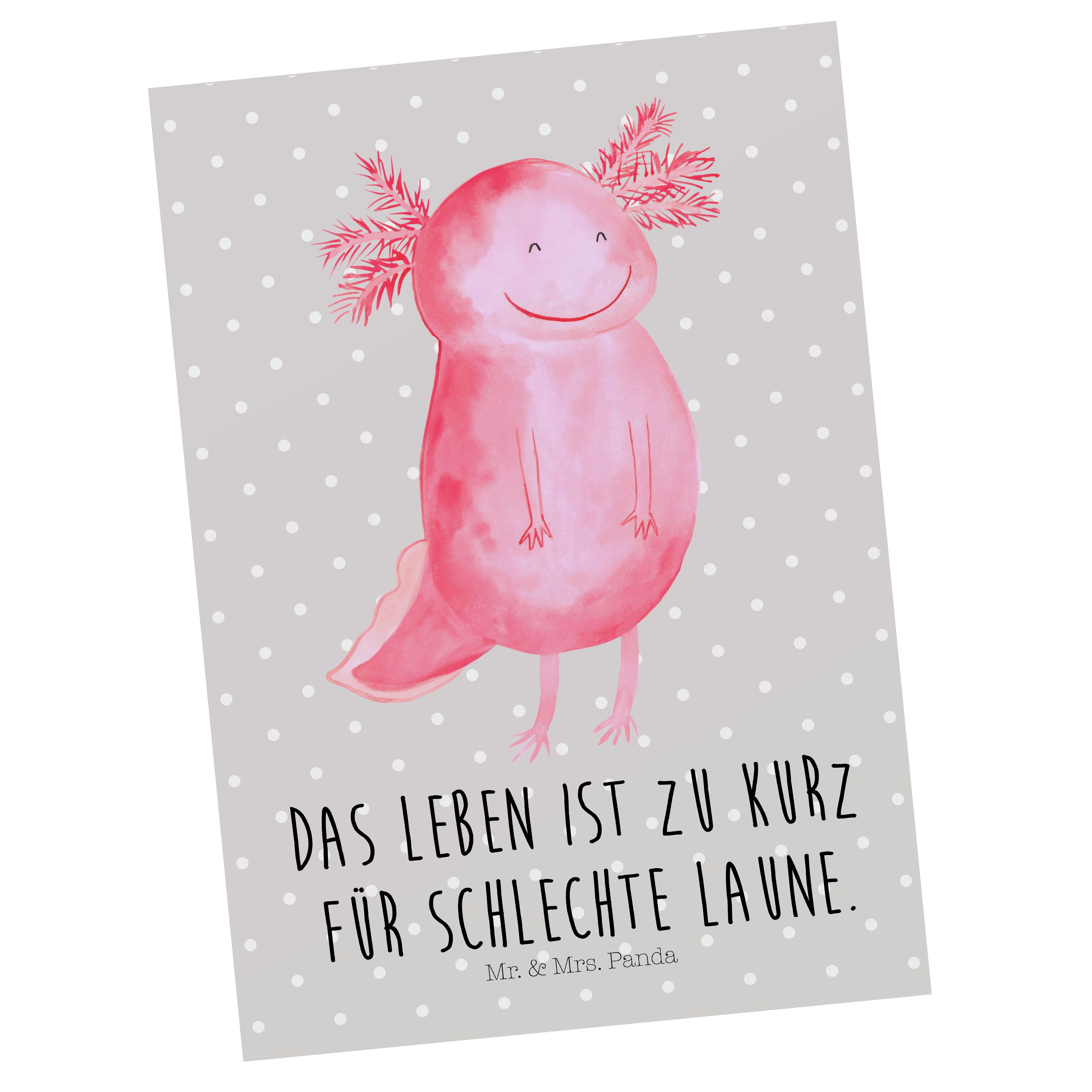 Mr. & Mrs. Panda Postkarte Axolotl glücklich - Grau Pastell - Geschenk, Geburtstagskarte, Schwan